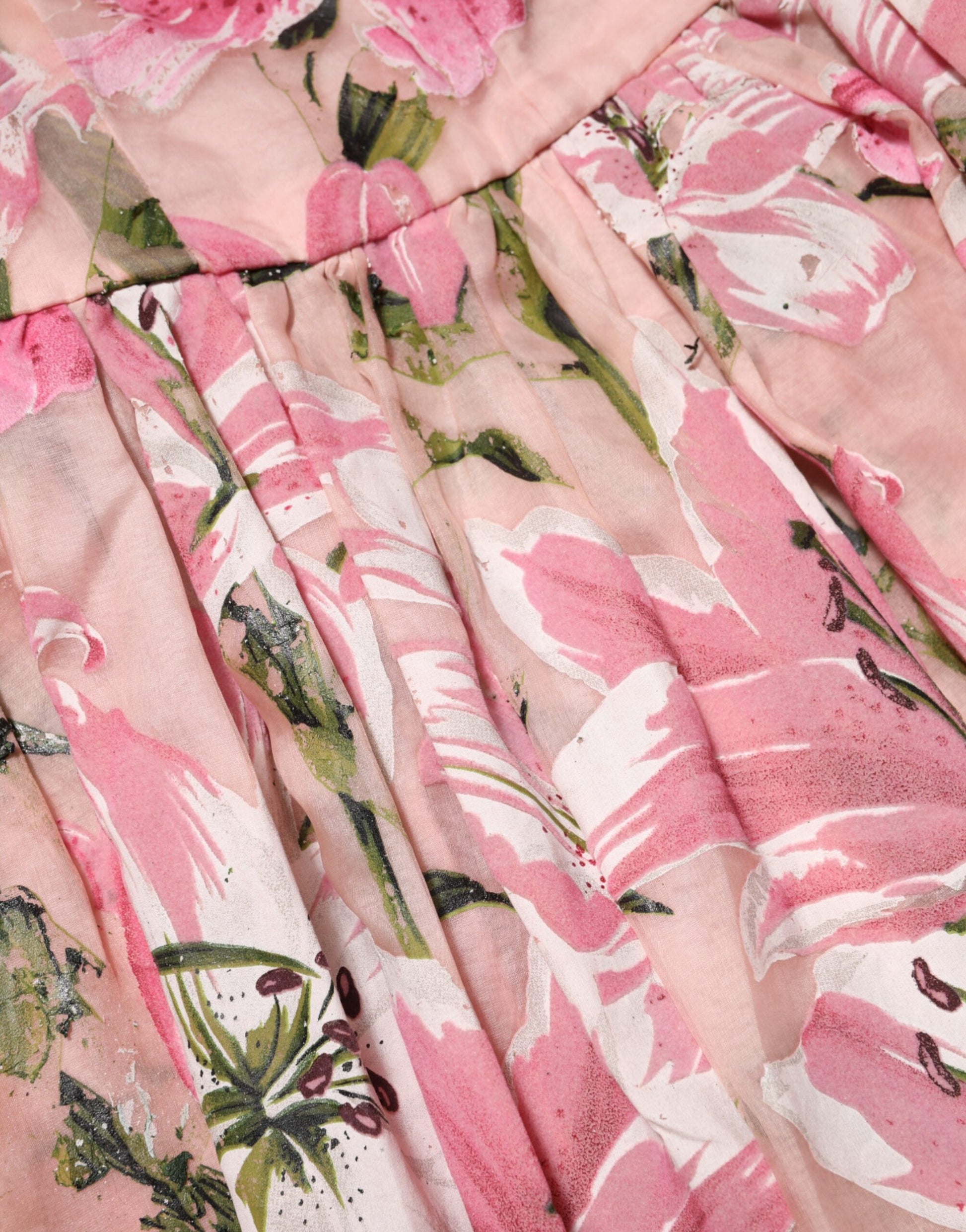 Dolce & Gabbana Pink Cotton Floral Pleated Sleeveless Dress