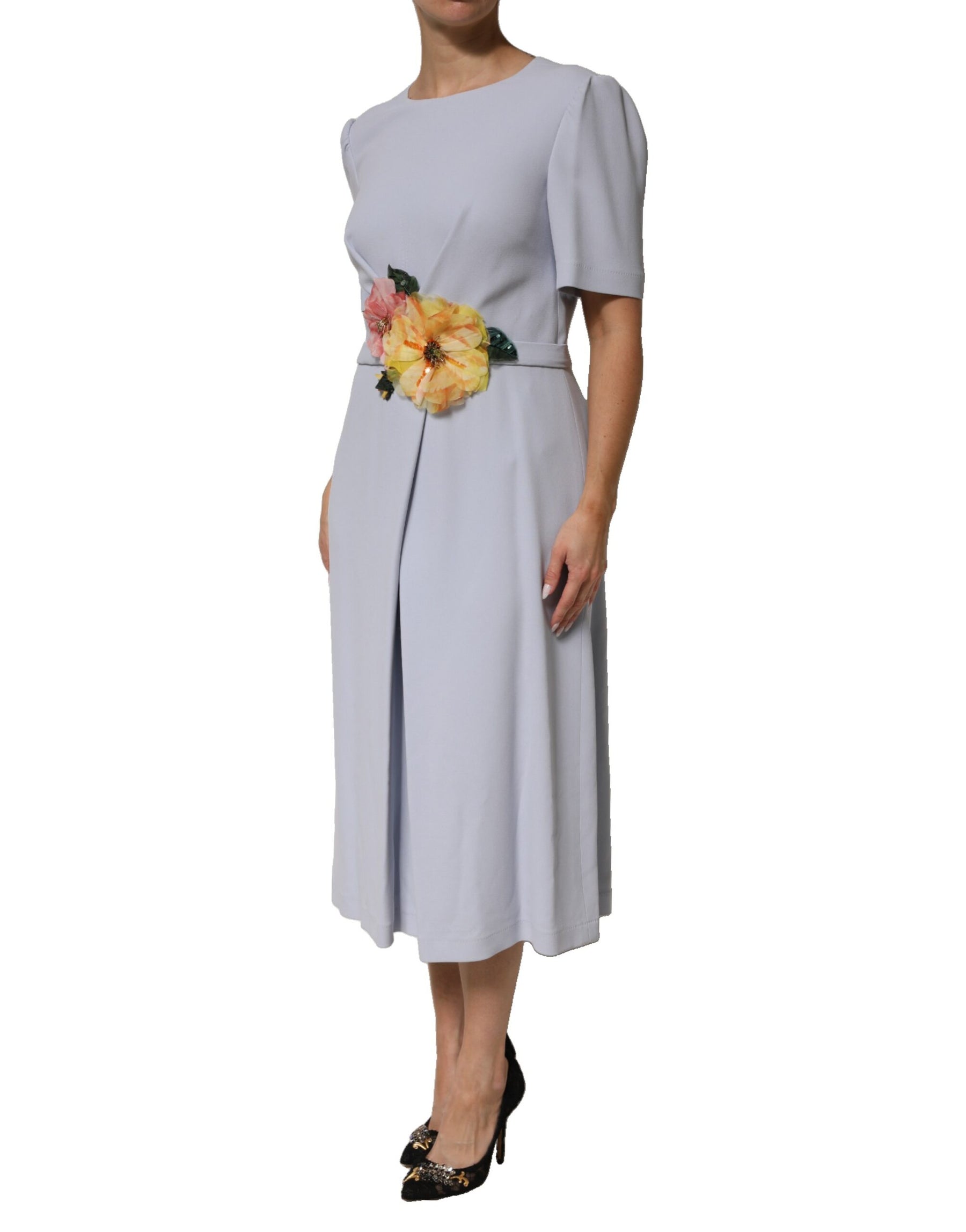 Dolce & Gabbana Light Blue Viscose Blend Floral Applique Dress | Regal Royce