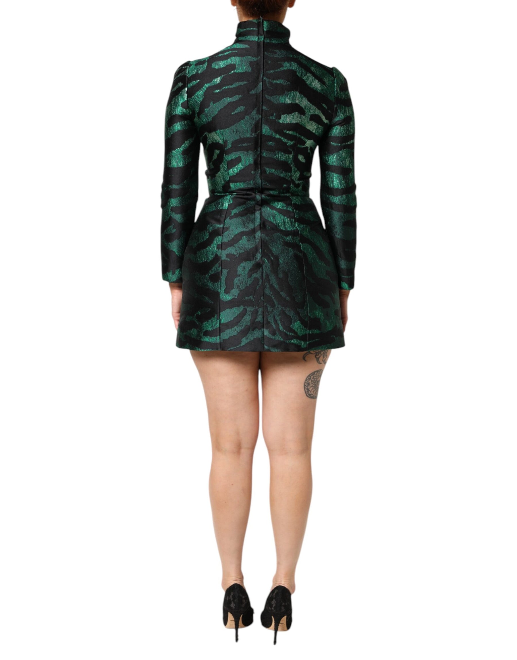Dolce & Gabbana Black Green Metallic Jacquard Mini Long Dress | Regal Royce