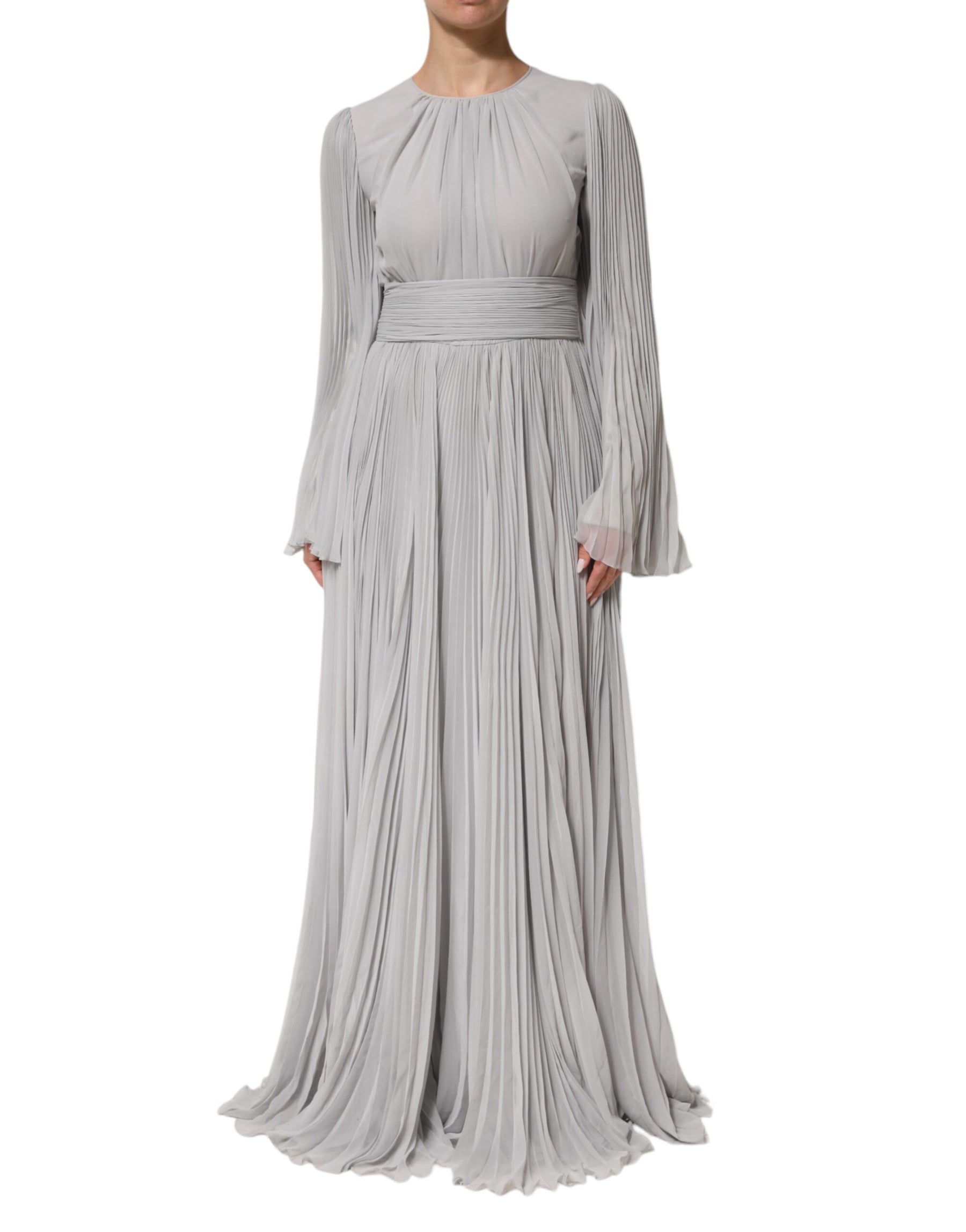 Dolce & Gabbana Grey Pleated Maxi Long Sleeve Silk Blend Gown Dress | Regal Royce