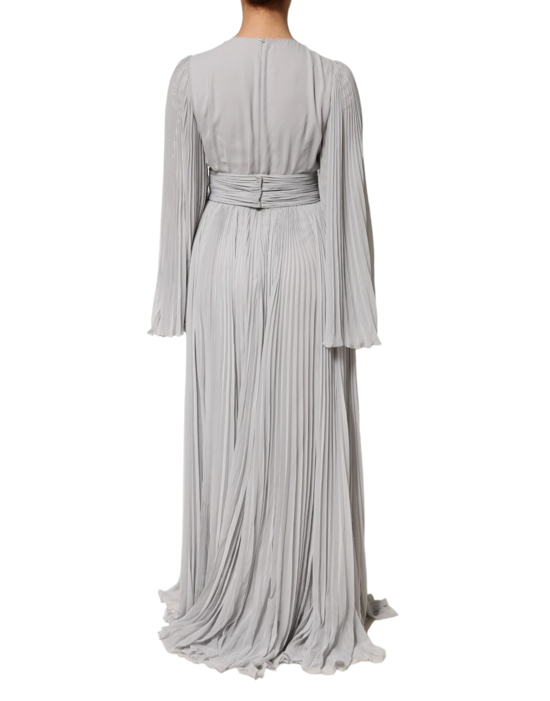 Dolce & Gabbana Grey Pleated Maxi Long Sleeve Silk Blend Gown Dress | Regal Royce