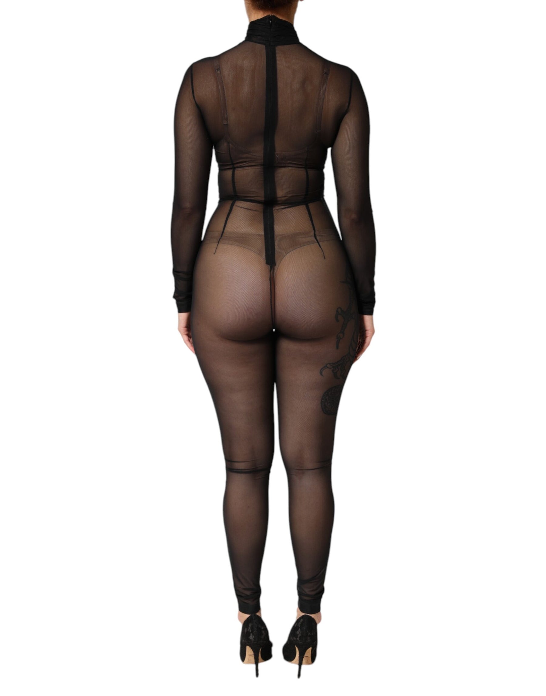 Dolce & Gabbana Black Sheer Mesh Long Sleeve Jumpsuit Bodysuit Dress | Regal Royce