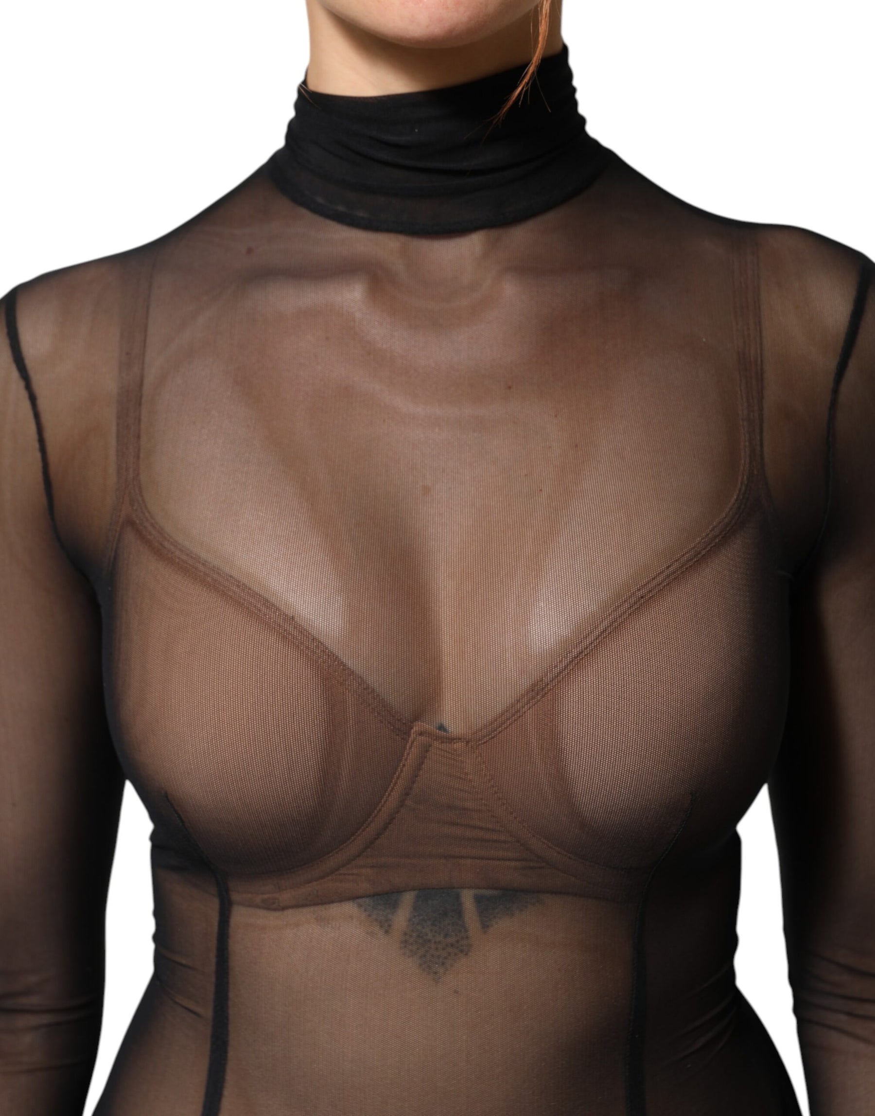 Dolce & Gabbana Black Sheer Mesh Long Sleeve Jumpsuit Bodysuit Dress | Regal Royce