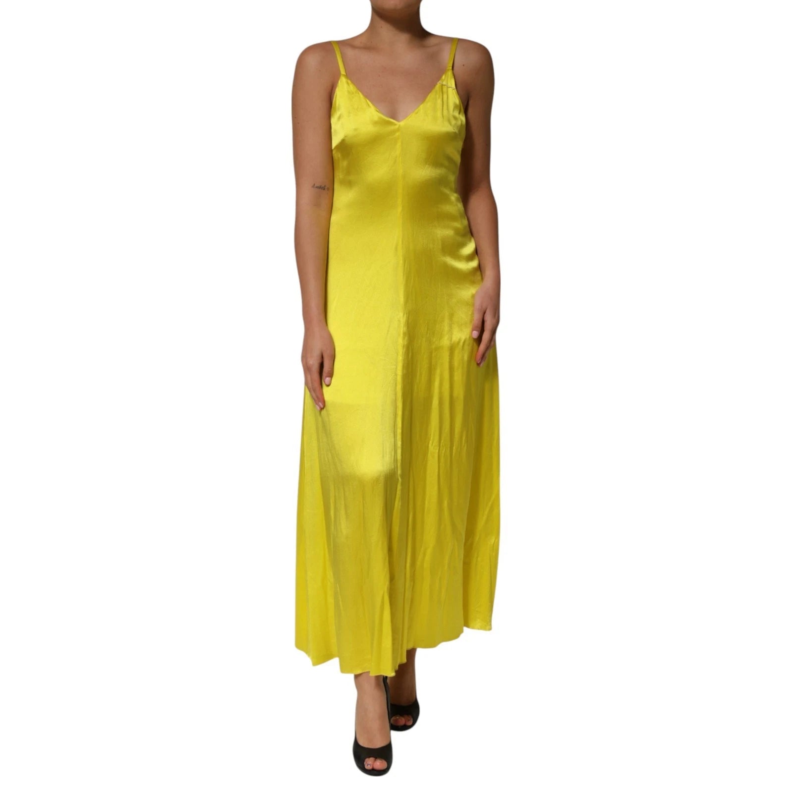 Tonello Yellow Silk Satin Slip Maxi Spaghetti Strap Maxi Dress | Regal Royce