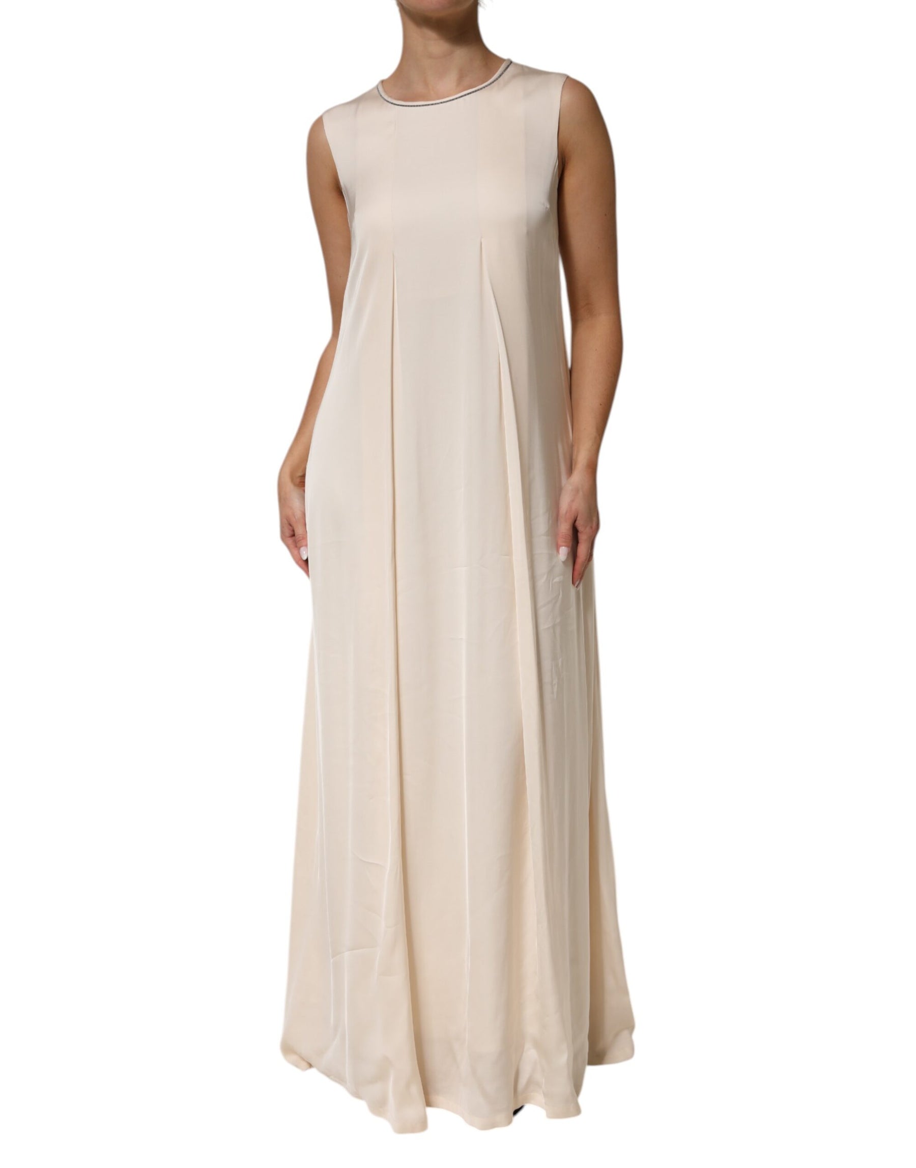 Peserico Beige Viscose Pleated Sleeveless Long Maxi Dress | Regal Royce