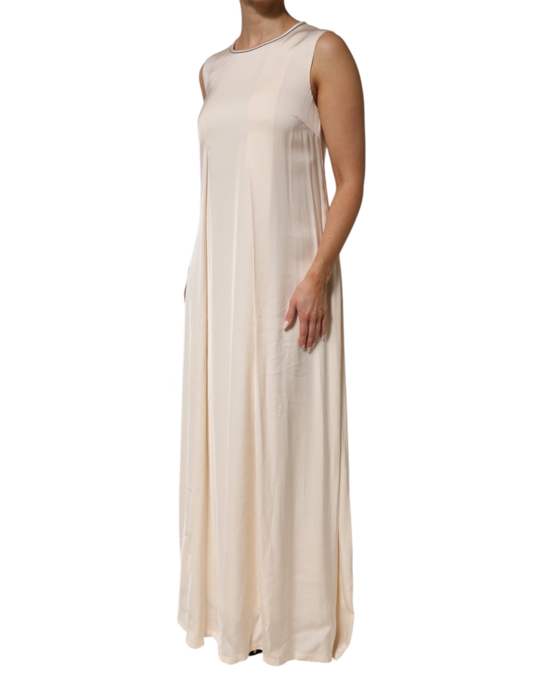 Peserico Beige Viscose Pleated Sleeveless Long Maxi Dress | Regal Royce