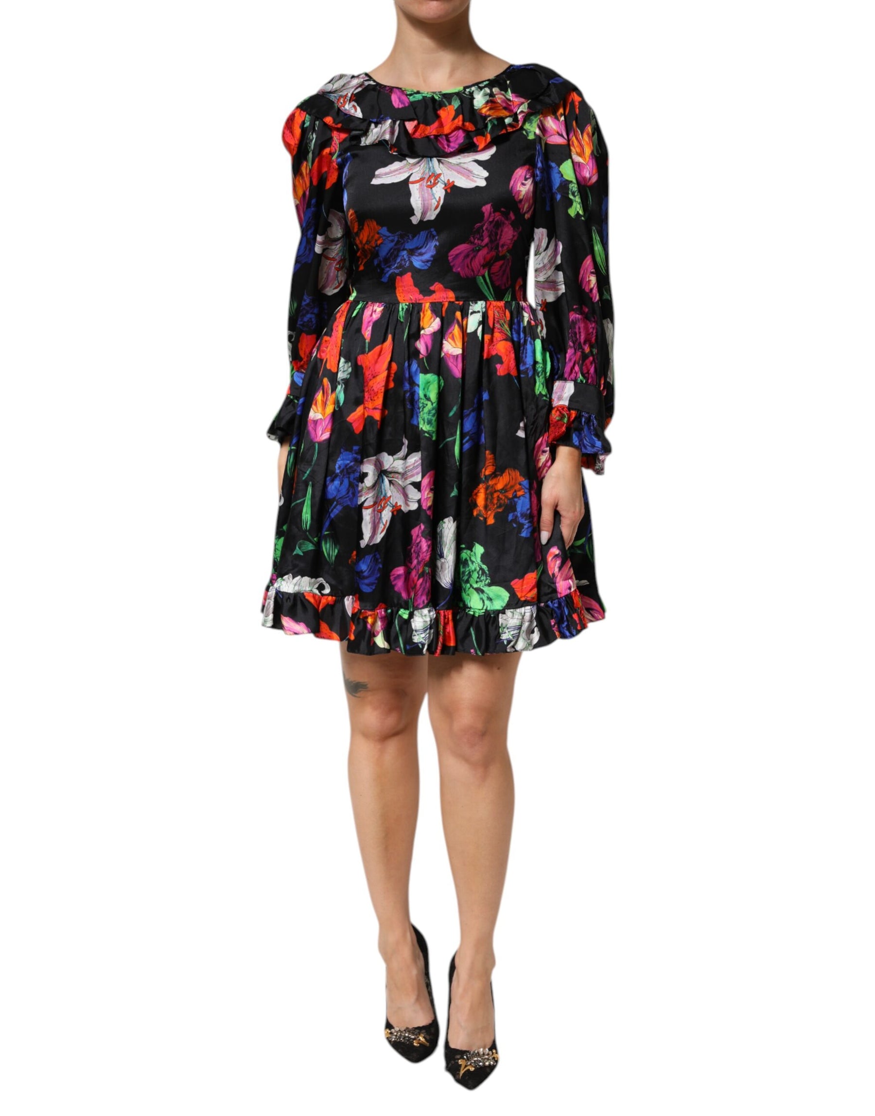 MSGM Dress Black Multicolor Floral Ruffle Long Sleeve Mini Dress | Regal Royce