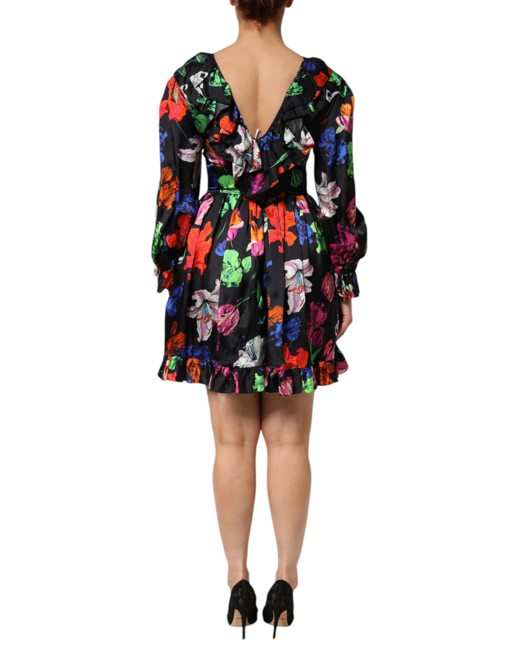 MSGM Dress Black Multicolor Floral Ruffle Long Sleeve Mini Dress | Regal Royce