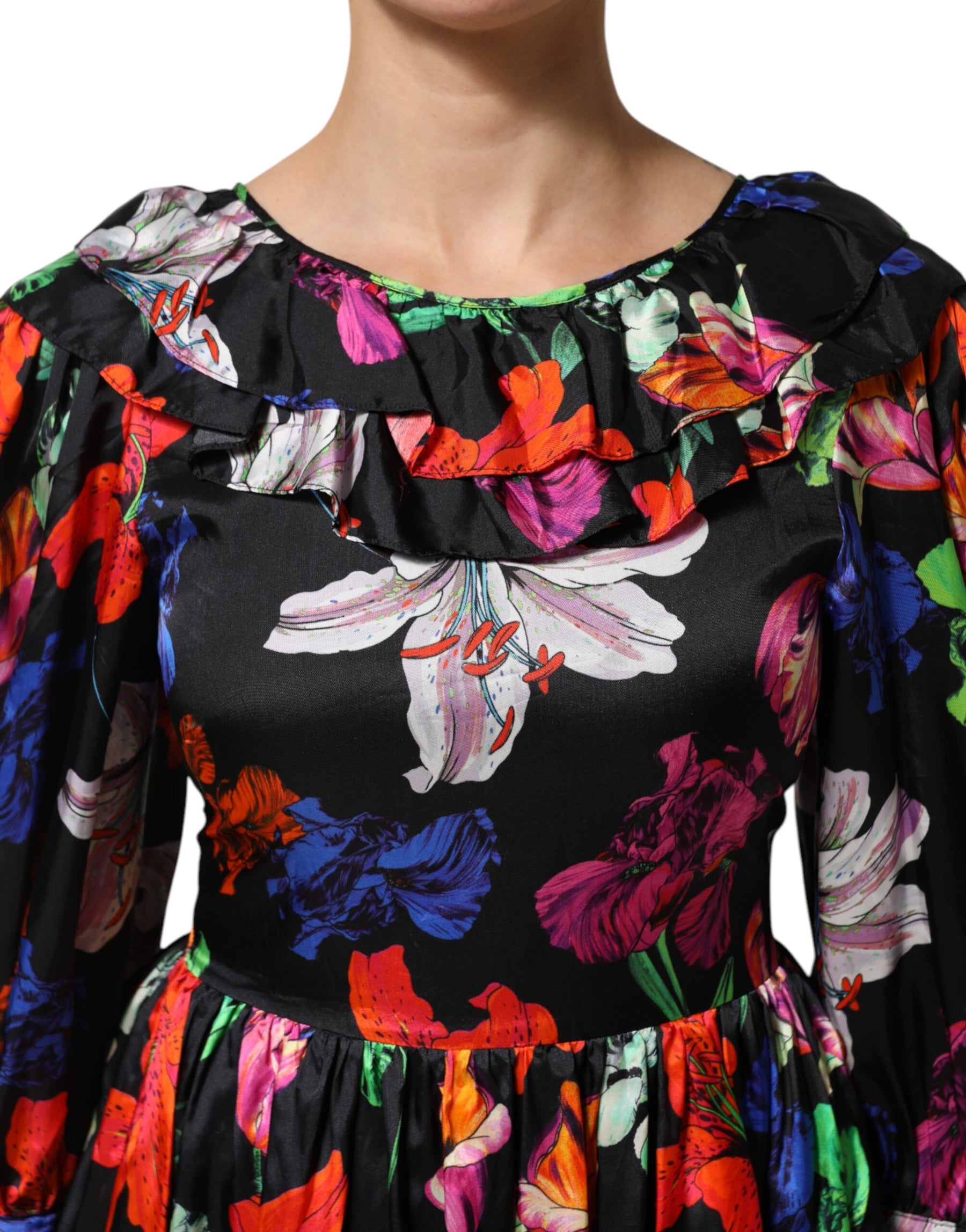 MSGM Dress Black Multicolor Floral Ruffle Long Sleeve Mini Dress | Regal Royce