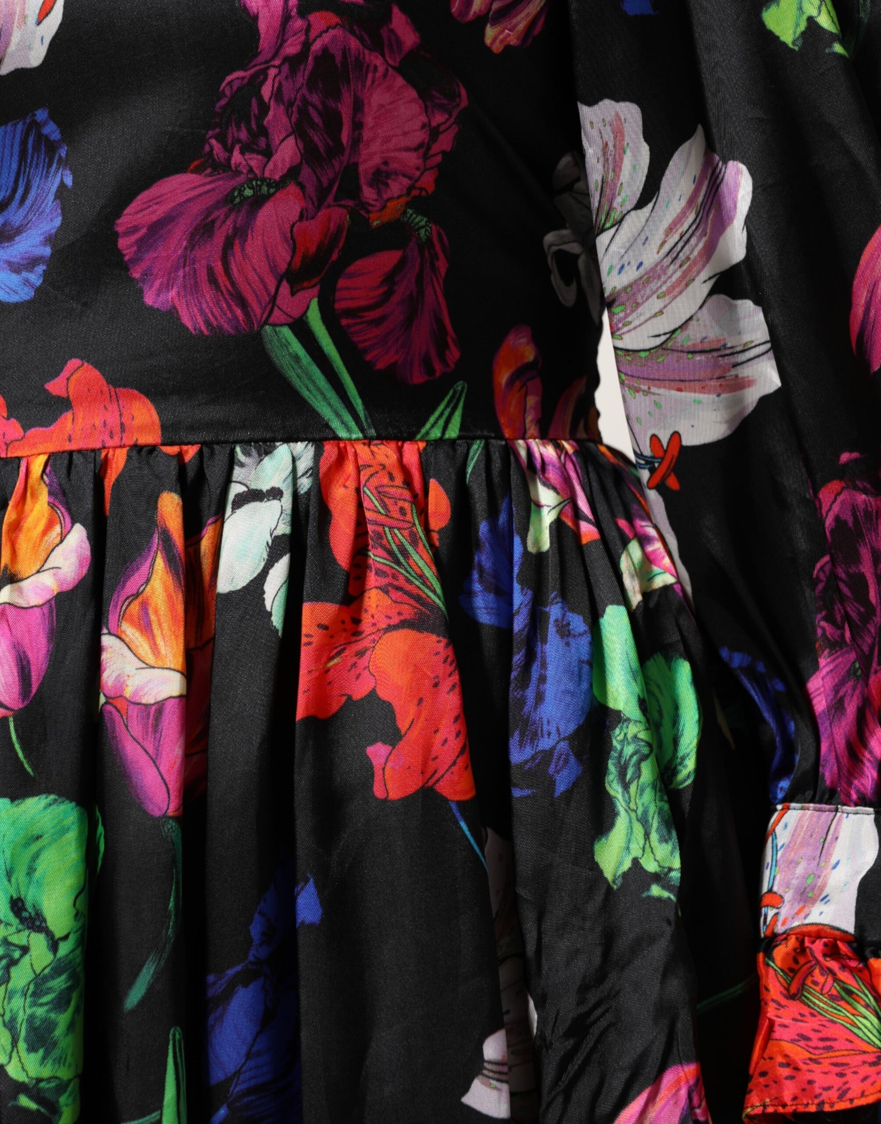 MSGM Dress Black Multicolor Floral Ruffle Long Sleeve Mini Dress | Regal Royce