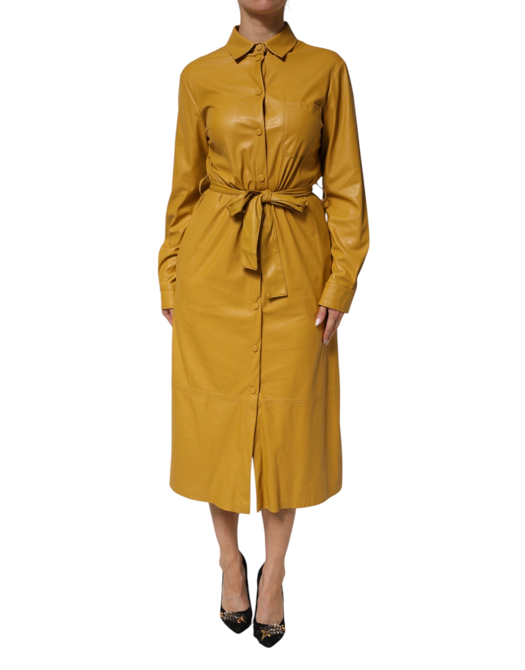 PINKO Polyester Belted Shirt Midi Long Sleeve Yellow Mustard | Regal Royce