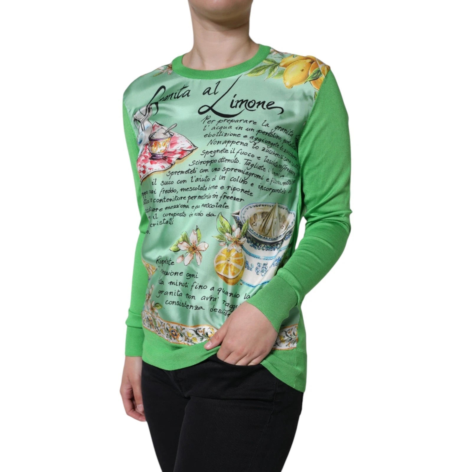 Dolce & Gabbana Green Lemon Print Pullover Silk Women Sweater | Regal Royce