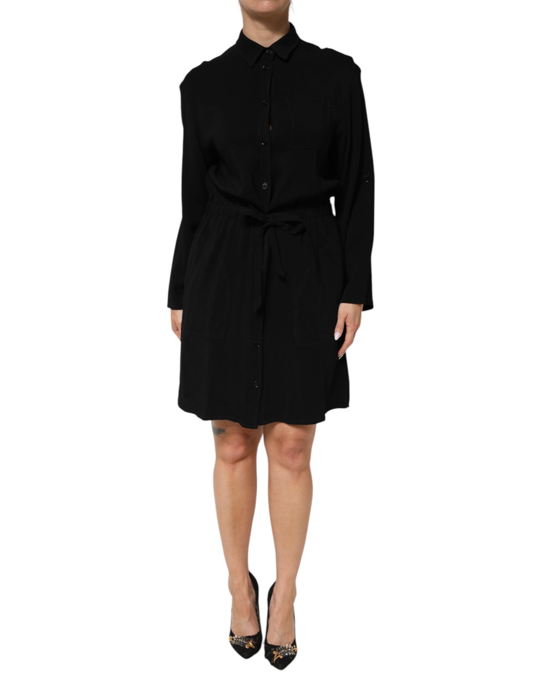 Emporio Armani Black Viscose Blend Shirt Style Belted  Dress | Regal Royce