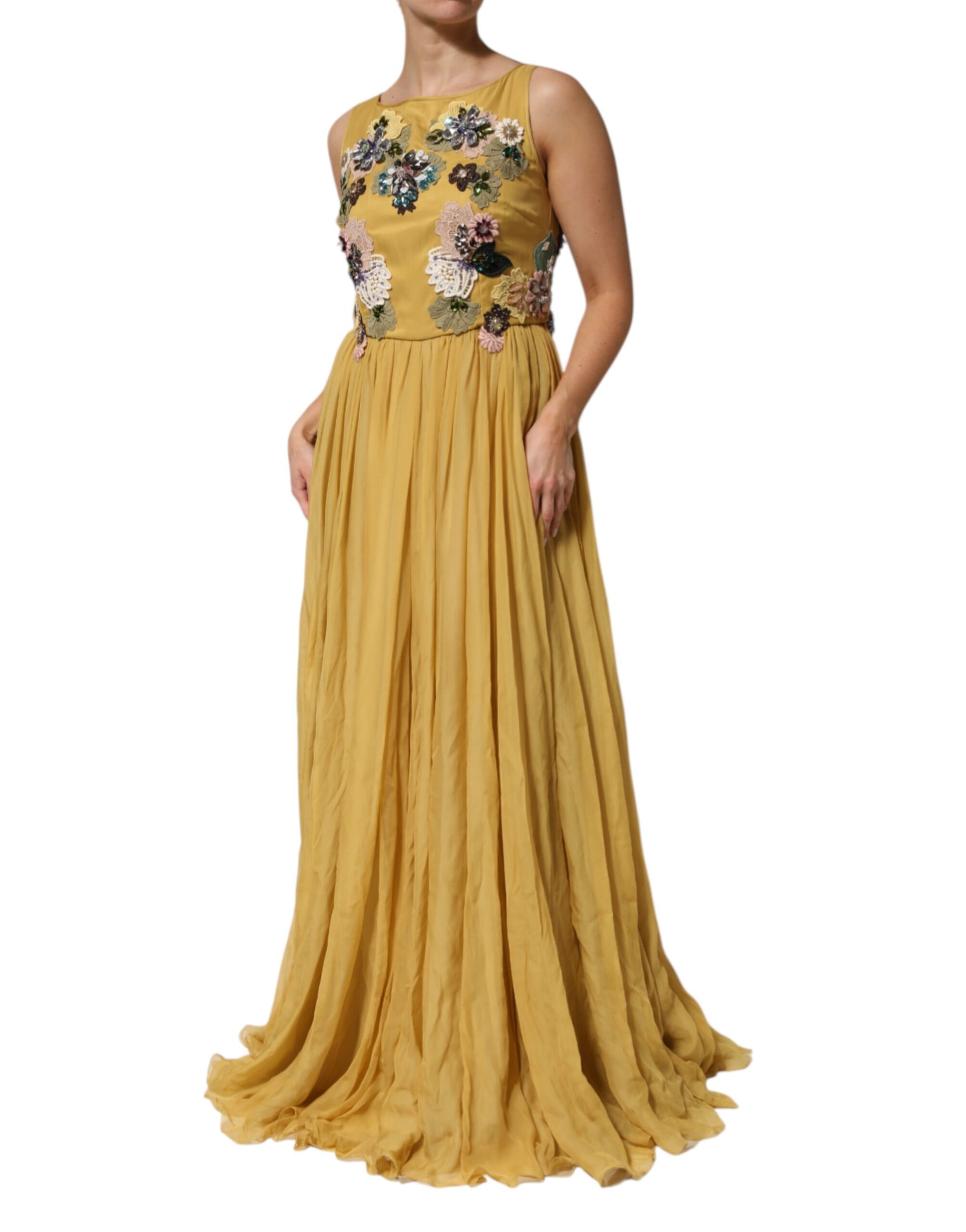 Dolce & Gabbana Yellow Silk Floral Embroidered Maxi Dress | Regal Royce