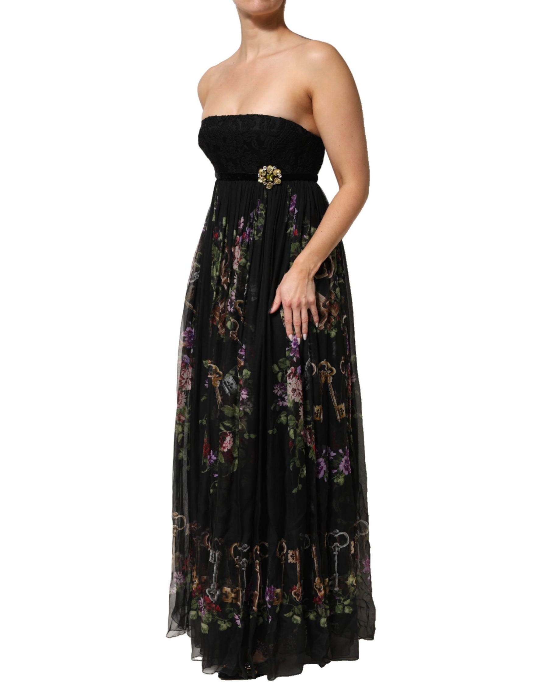 Dolce & Gabbana Black Floral Key Print Crystal Strapless Dress | Regal Royce