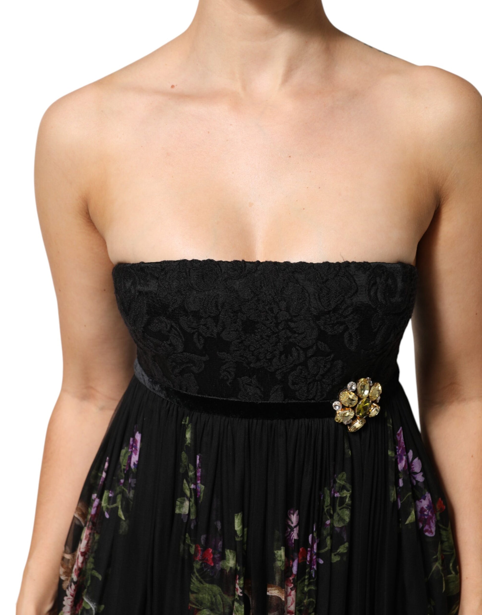 Dolce & Gabbana Black Floral Key Print Crystal Strapless Dress