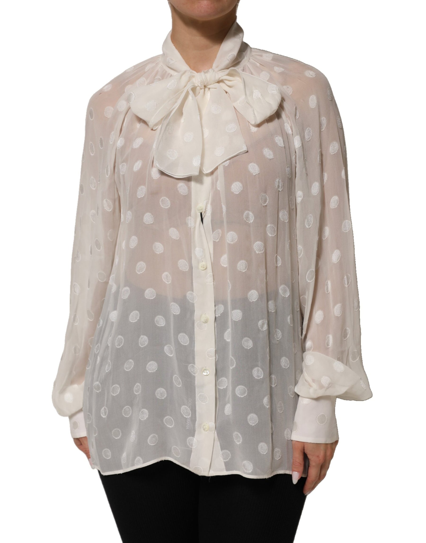 Dolce & Gabbana White Polka Sheer Silk Bow Tie Shirt Blouse Top | Regal Royce