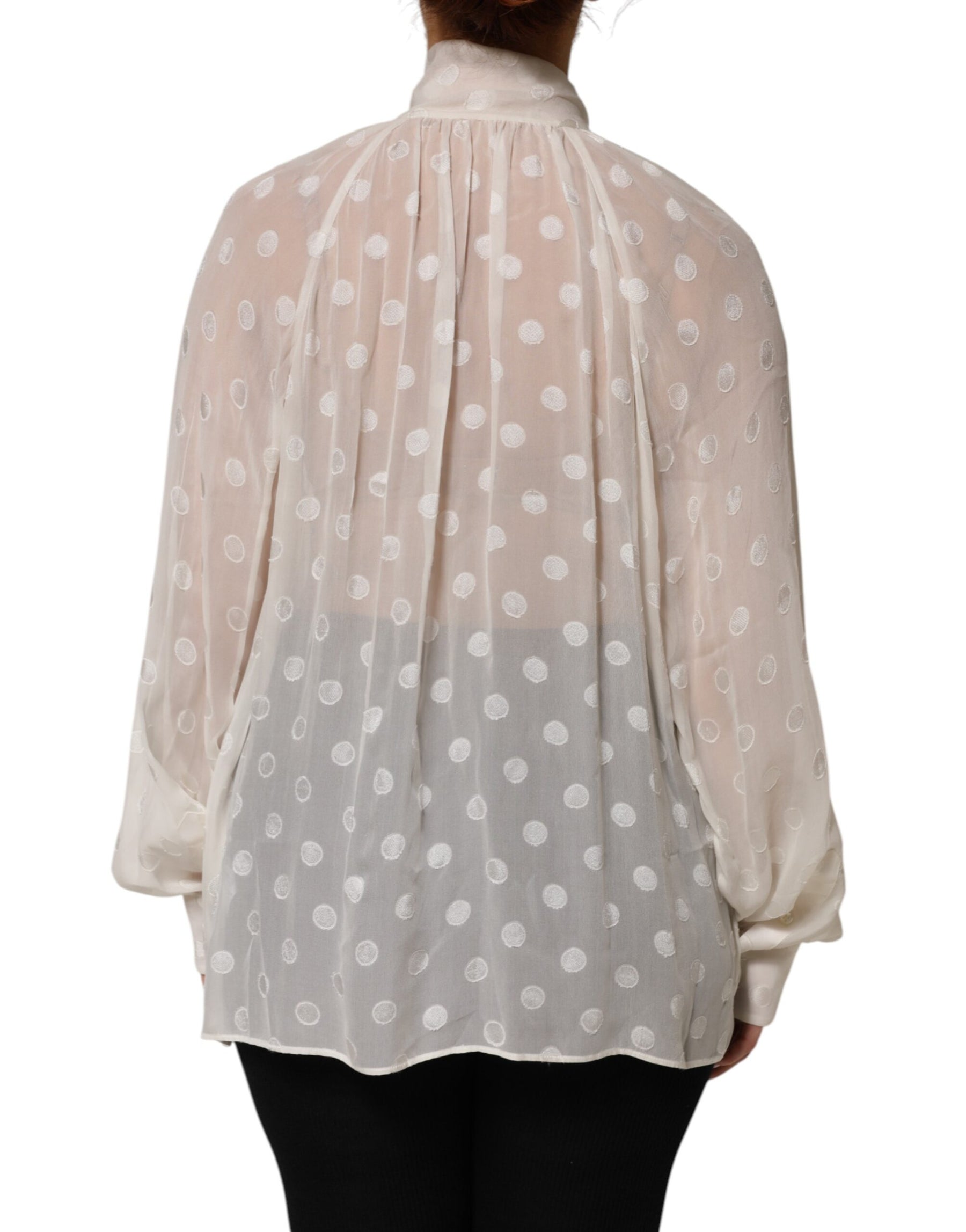 Dolce & Gabbana White Polka Sheer Silk Bow Tie Shirt Blouse Top | Regal Royce