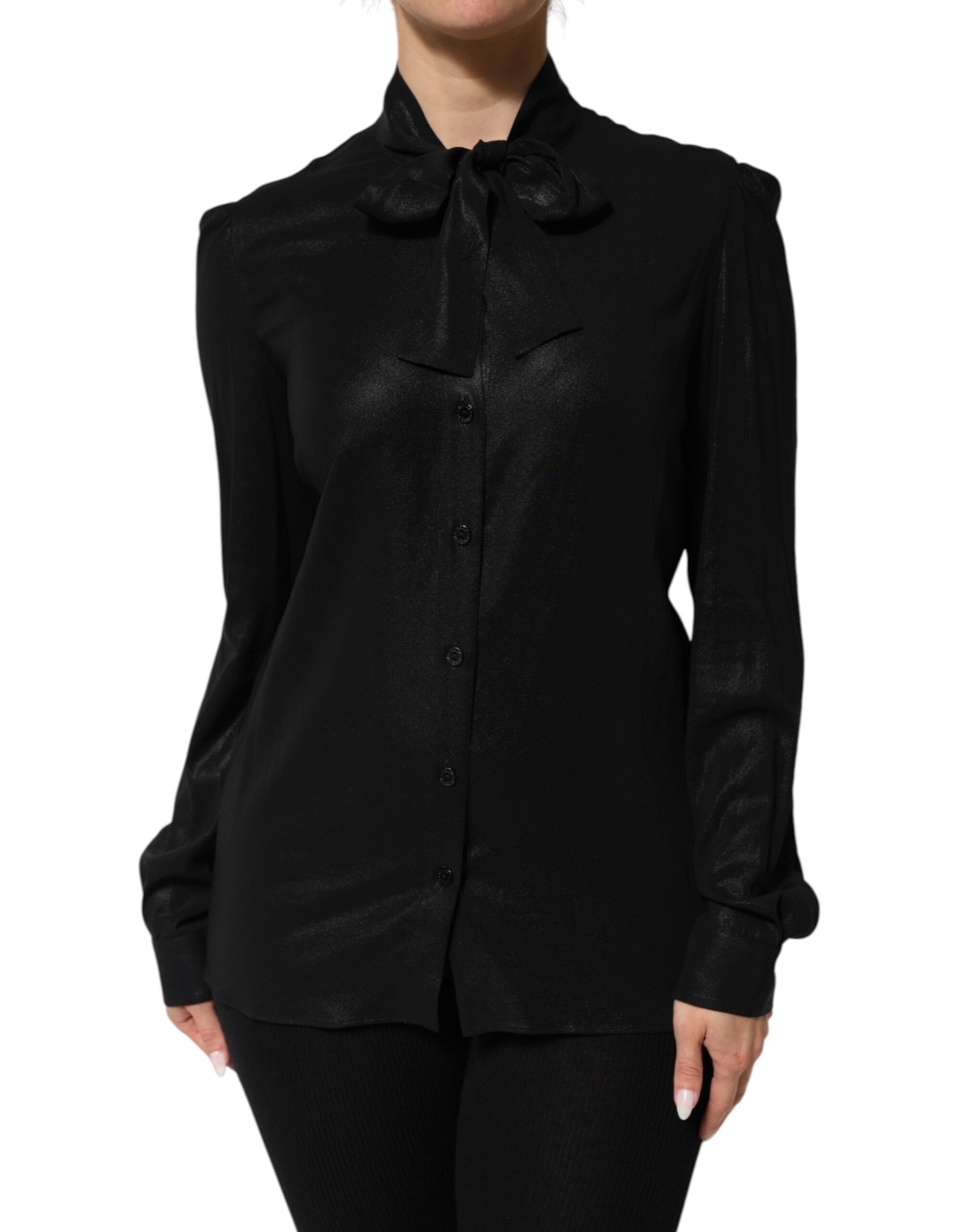 Dolce & Gabbana Black Viscose Long Sleeve Tie Neck Blouse Top | Regal Royce