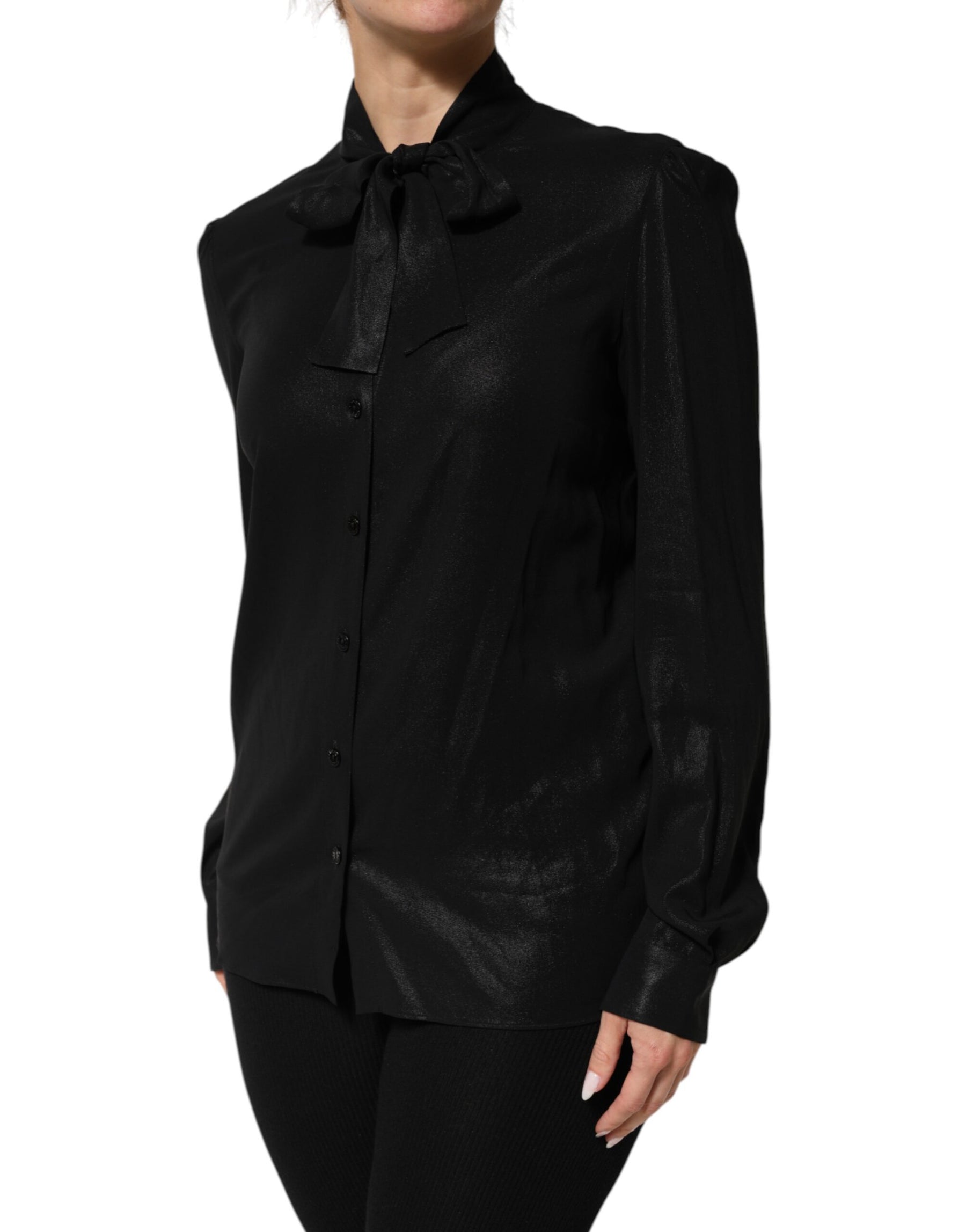 Dolce & Gabbana Black Viscose Long Sleeve Tie Neck Blouse Top | Regal Royce