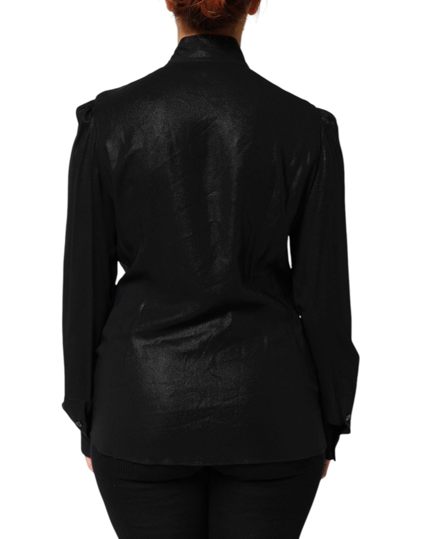 Dolce & Gabbana Black Viscose Long Sleeve Tie Neck Blouse Top | Regal Royce