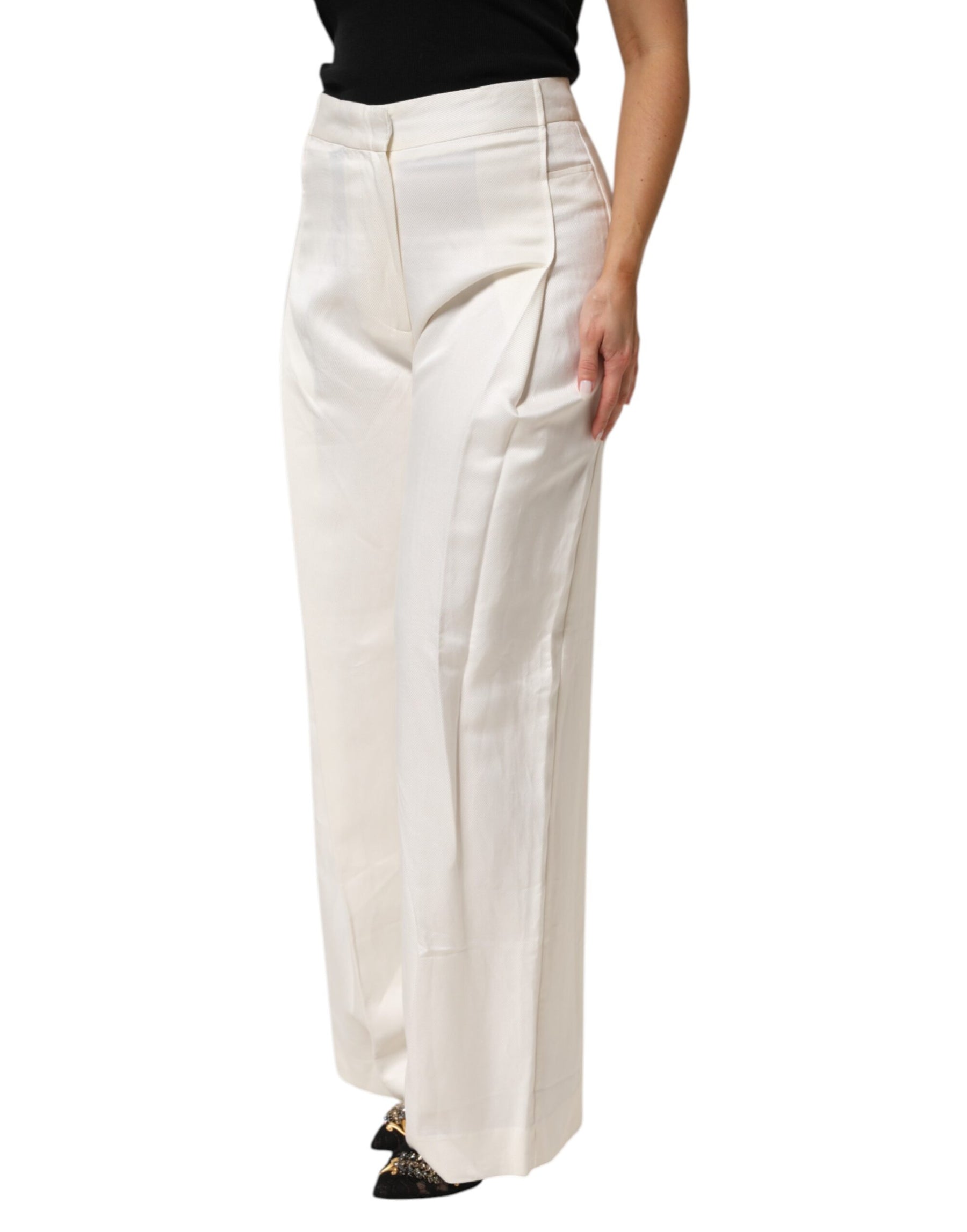 Brian Dales White Viscose Linen Wide Leg Palazzo Womens Pants | Regal Royce