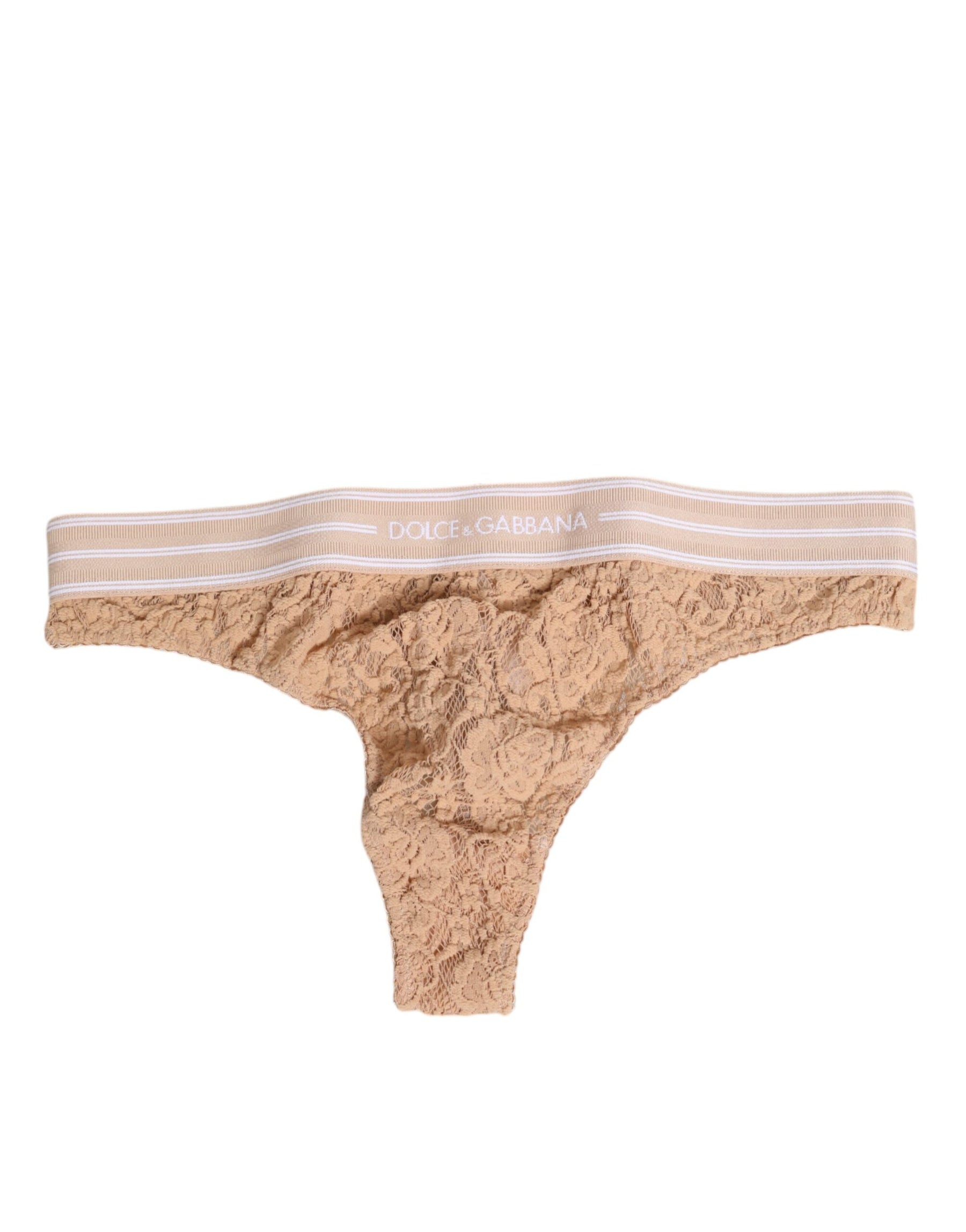 Dolce & Gabbana Beige Lace Logo Elastic Waist Thong Tanga Underwear | Regal Royce