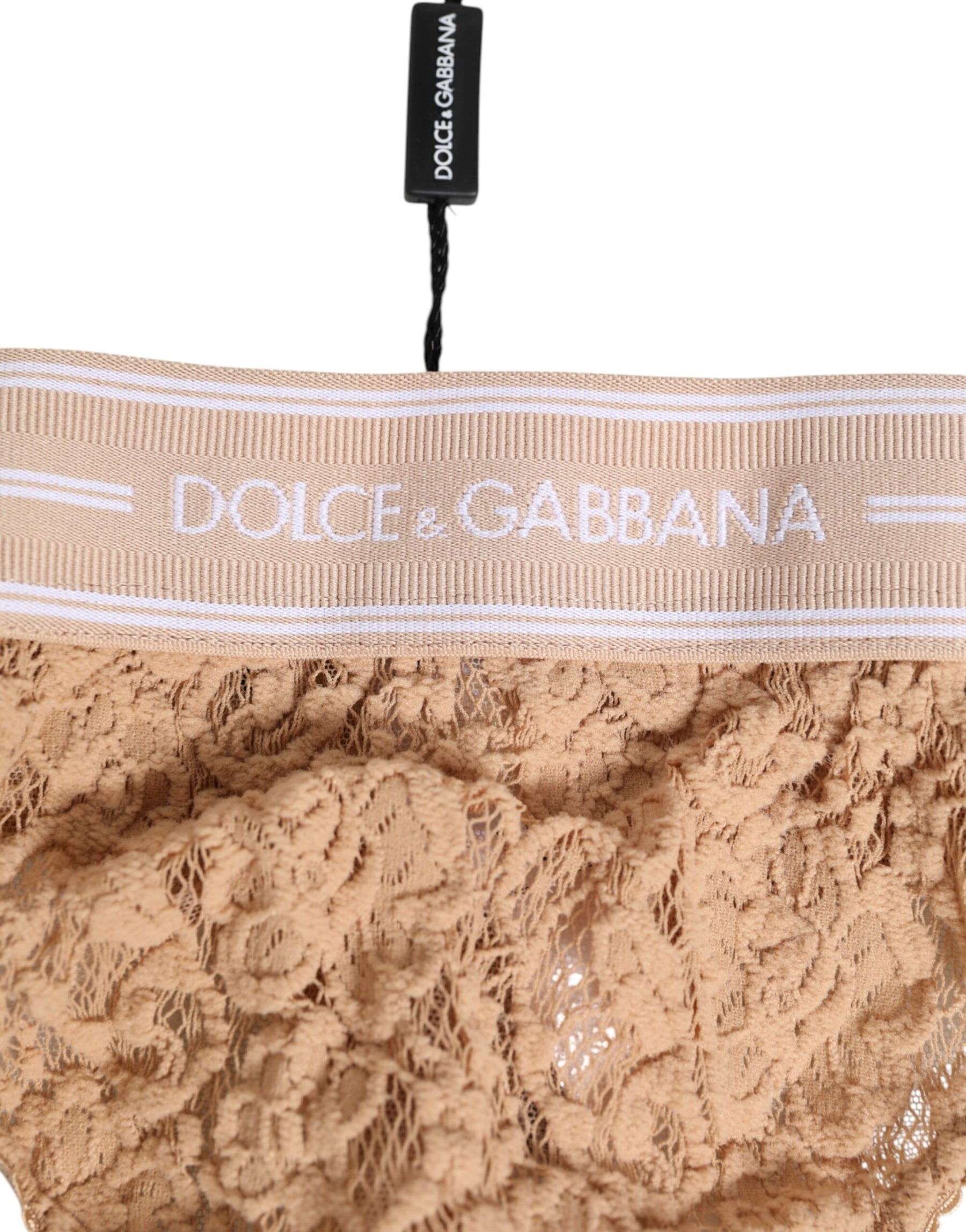 Dolce & Gabbana Beige Lace Logo Elastic Waist Thong Tanga Underwear | Regal Royce