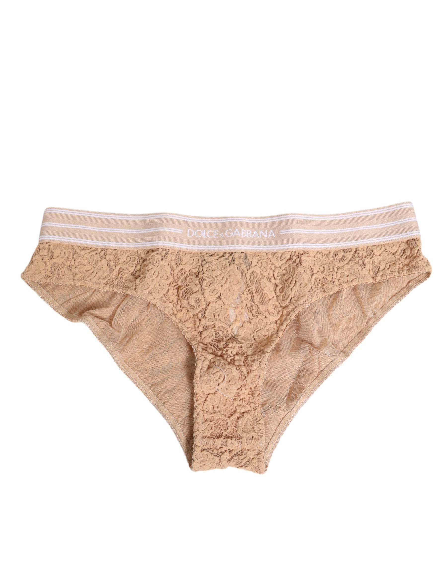 Dolce & Gabbana Beige Lace Brasiliano Briefs Logo Waistband Underwear | Regal Royce
