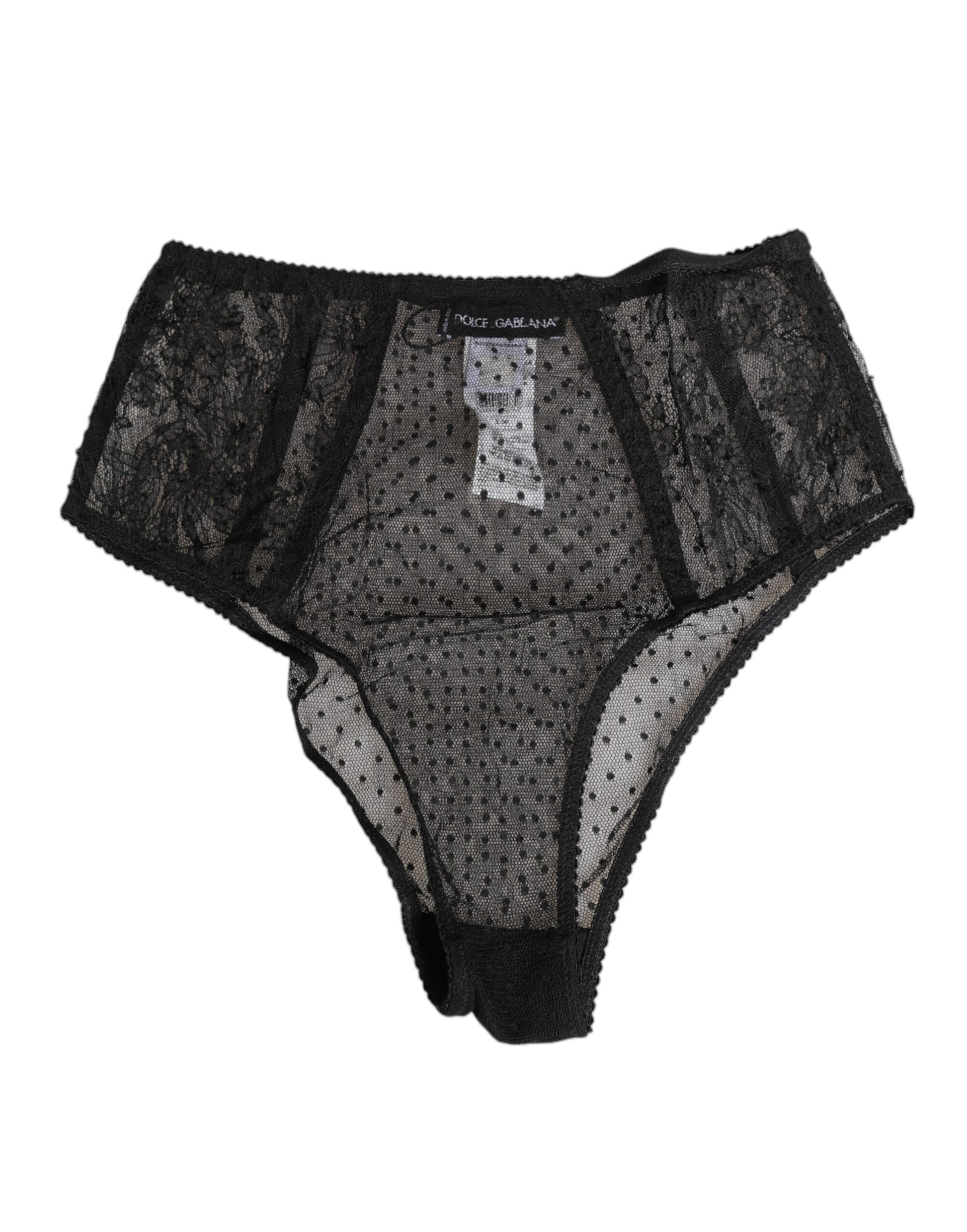 Dolce & Gabbana Black Lace Polka Dot Mesh High Waist Underwear
