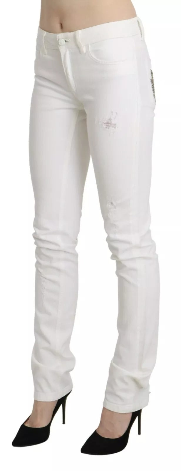Just Cavalli White Cotton Slim Fit Mid Waist Skinny Trouser Jeans | Regal Royce