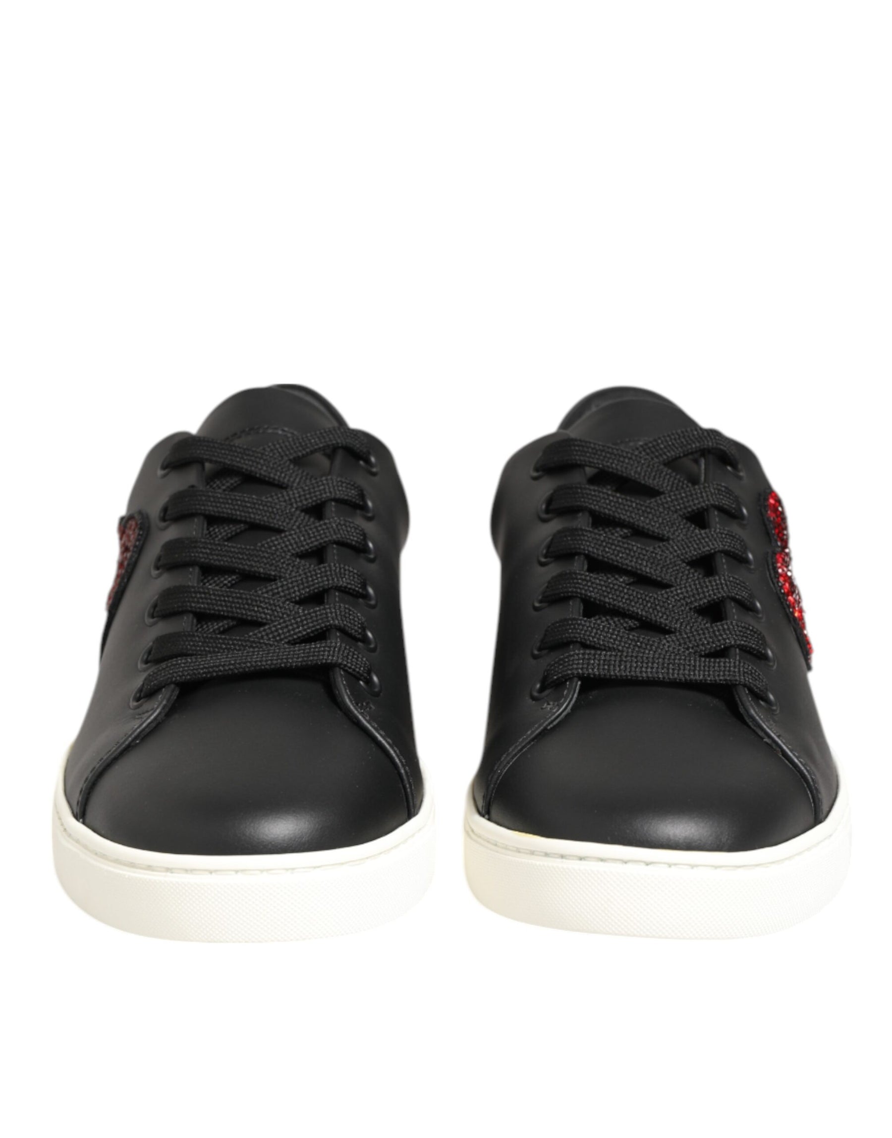 Dolce & Gabbana Black White Leather Crystal Heart Sneakers Shoes | Regal Royce