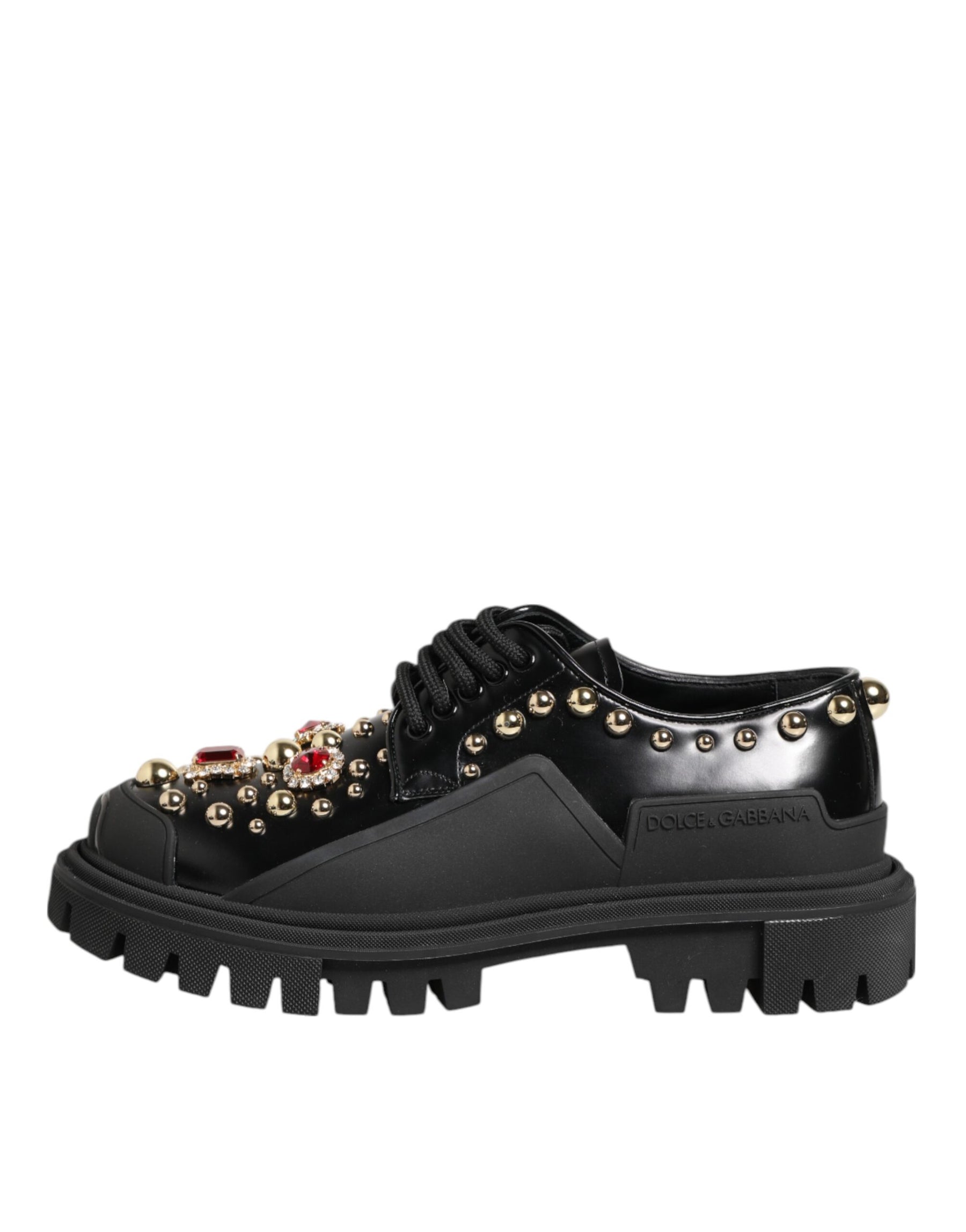 Dolce & Gabbana Black Leather Jeweled Crystals Derby Shoes | Regal Royce