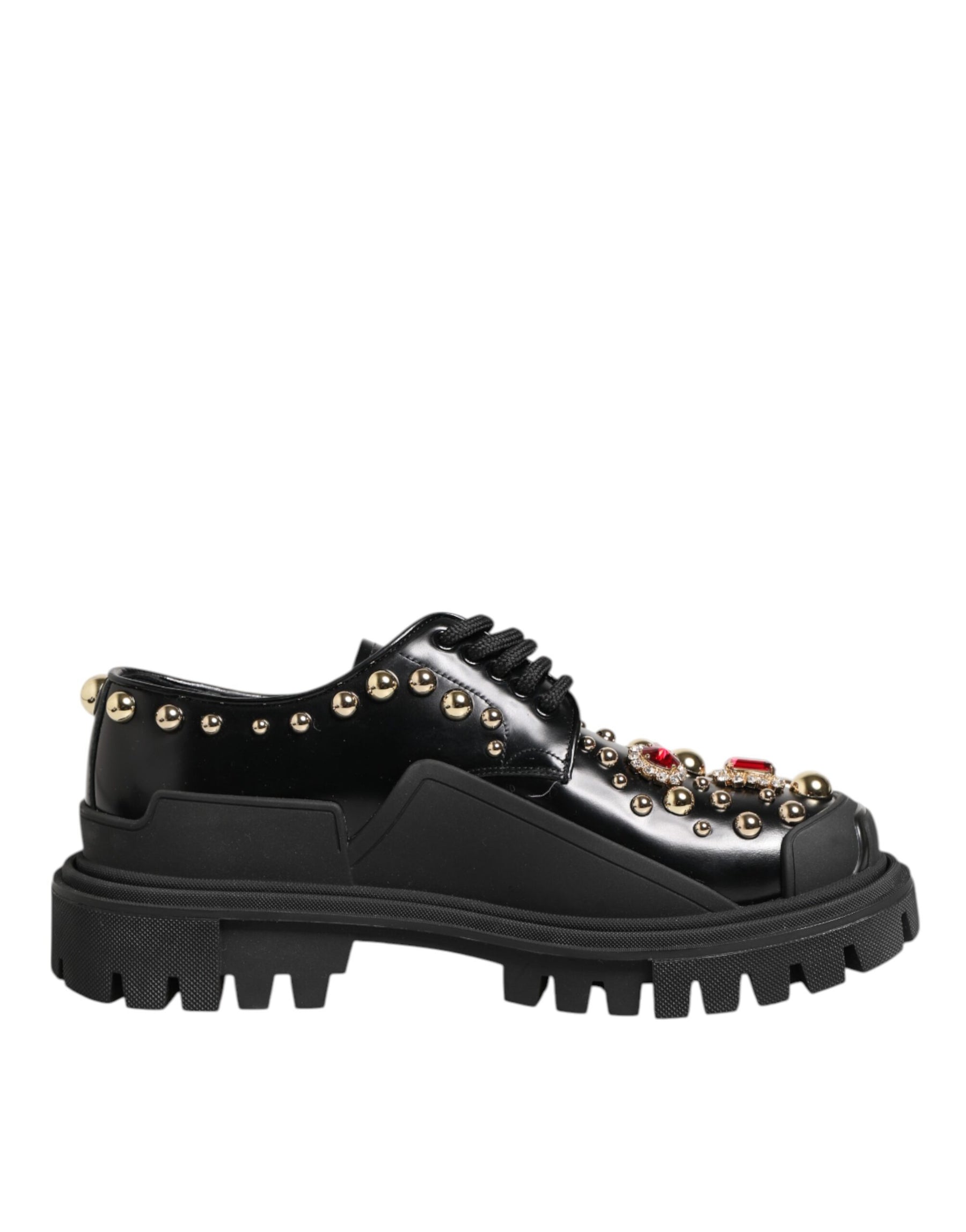 Dolce & Gabbana Black Leather Jeweled Crystals Derby Shoes | Regal Royce