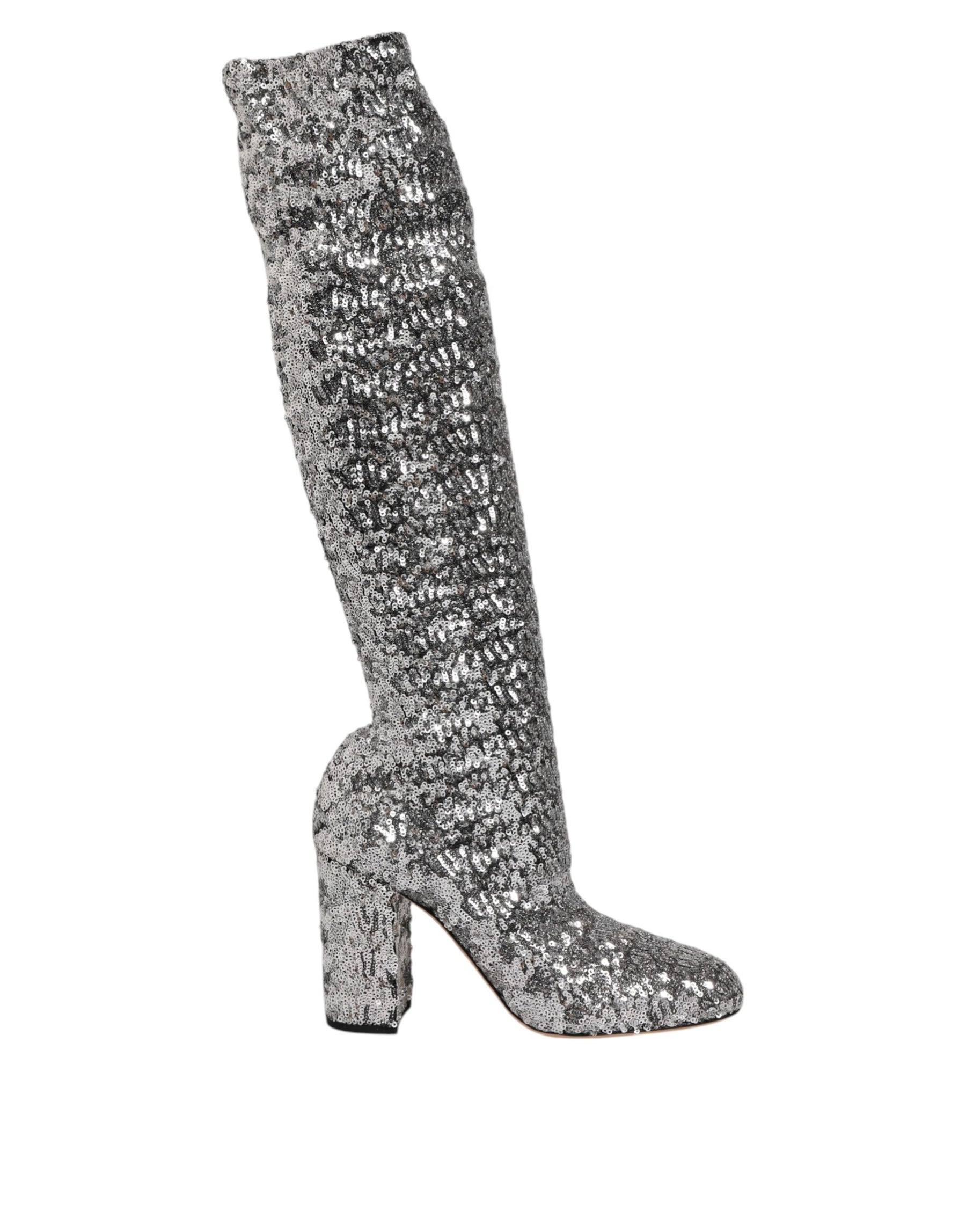 Dolce & Gabbana Shoes Silver Sequins Glitter High Heel Boot Shoes | Regal Royce