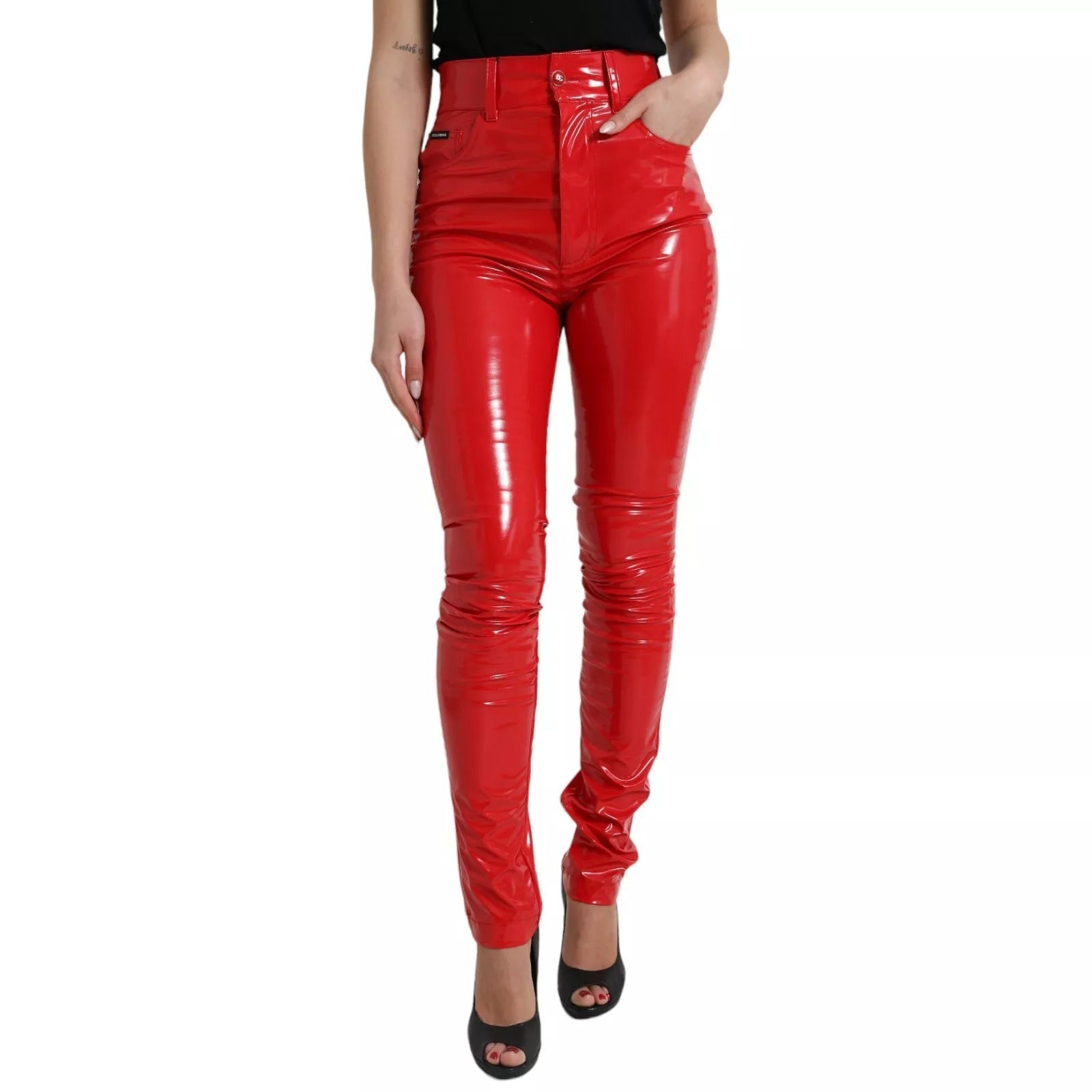 Dolce & Gabbana Red High Waist Skinny Trouser Shiny Pants | Regal Royce