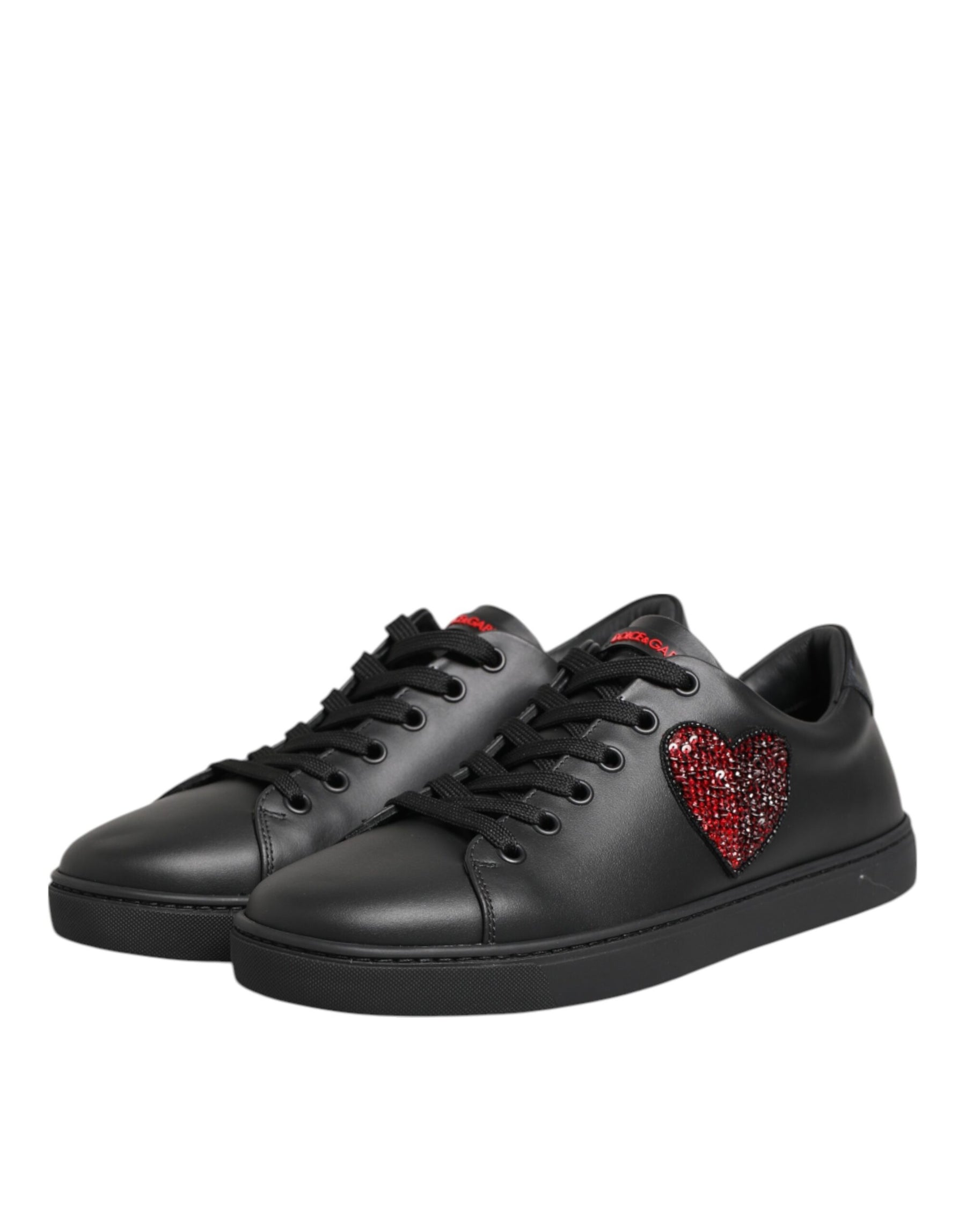 Dolce & Gabbana Black Leather Crystal Heart Low Top Sneakers  Shoes | Regal Royce