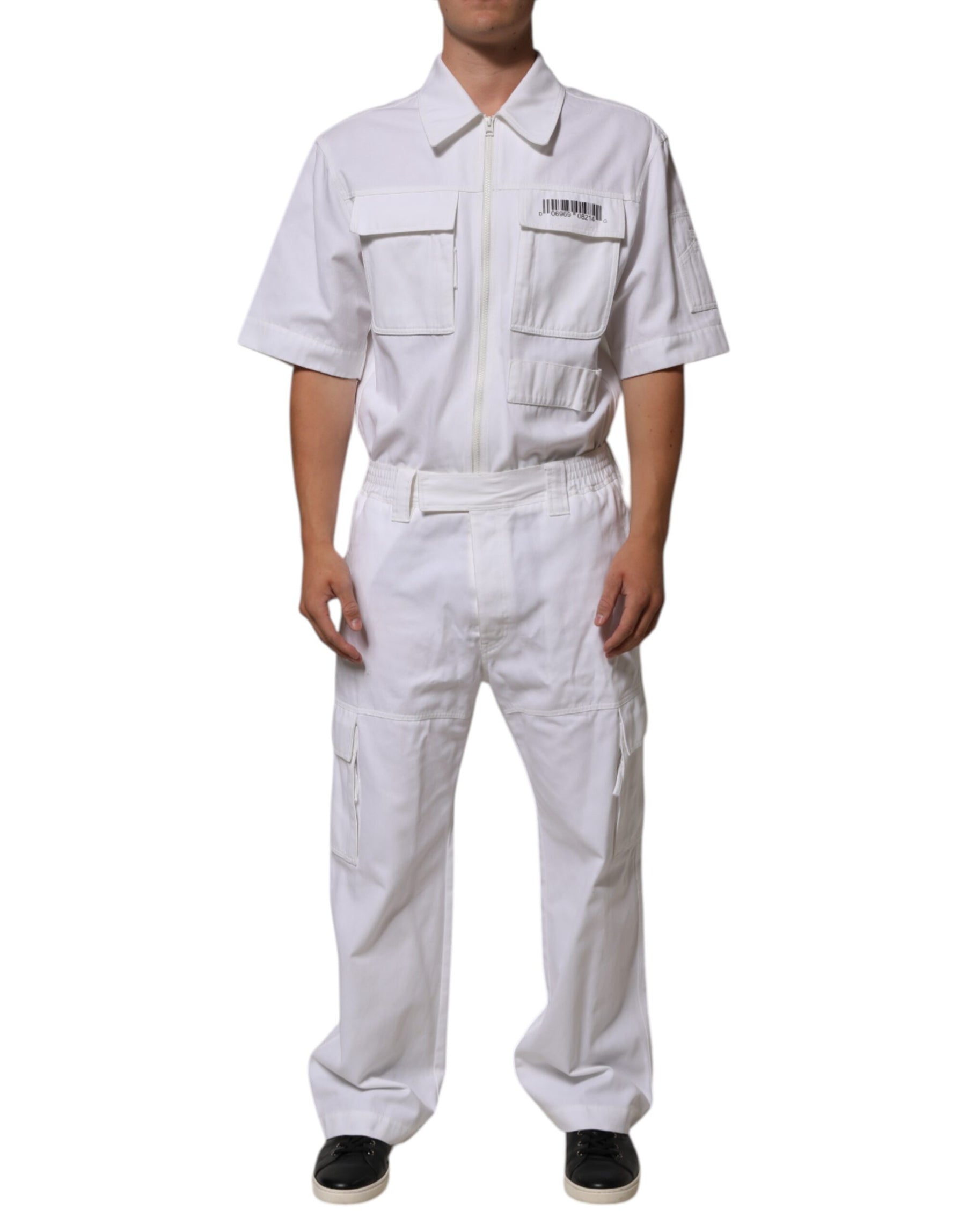 Dolce & Gabbana White Barcode Patch Utility Zip Jumpsuit Pants | Regal Royce