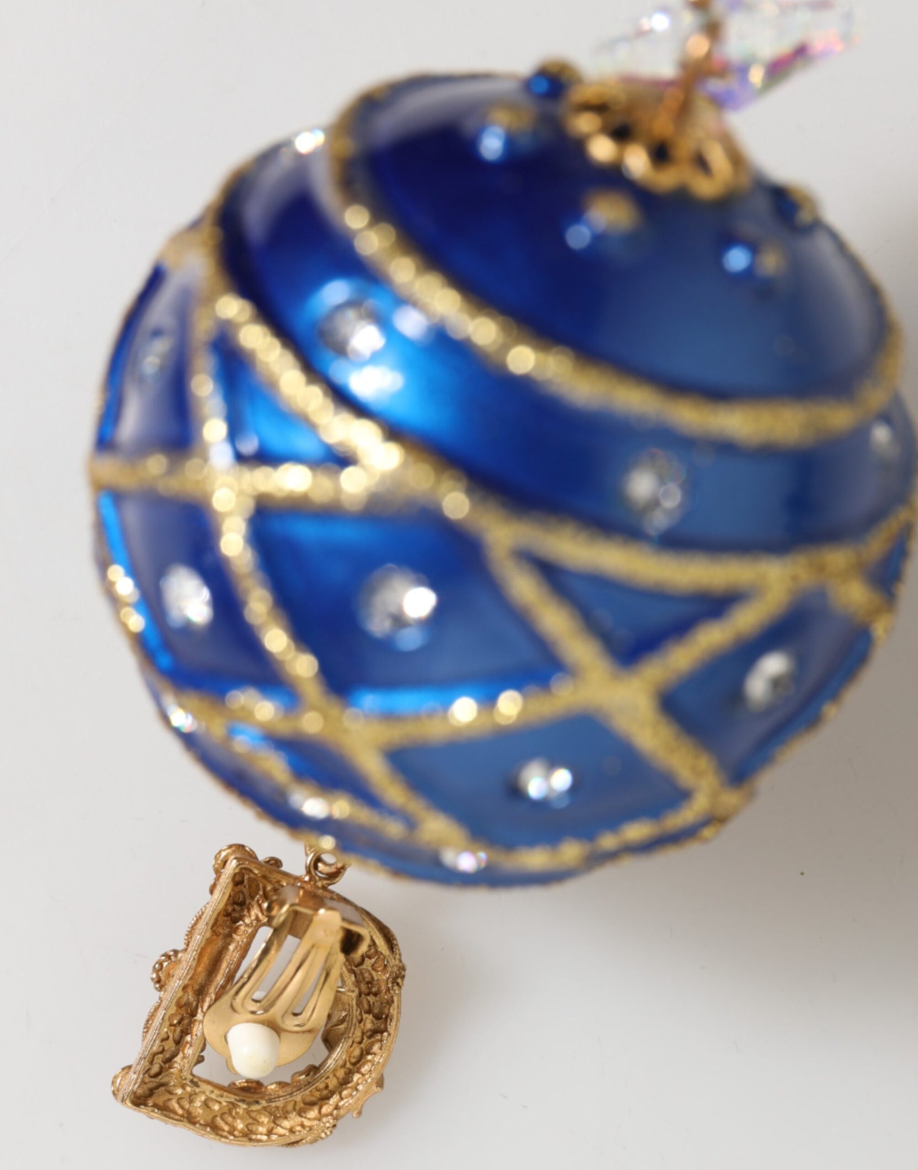 Dolce & Gabbana Gold Brass Blue Christmas Ball Crystal Drop Clip On Earrings | Regal Royce