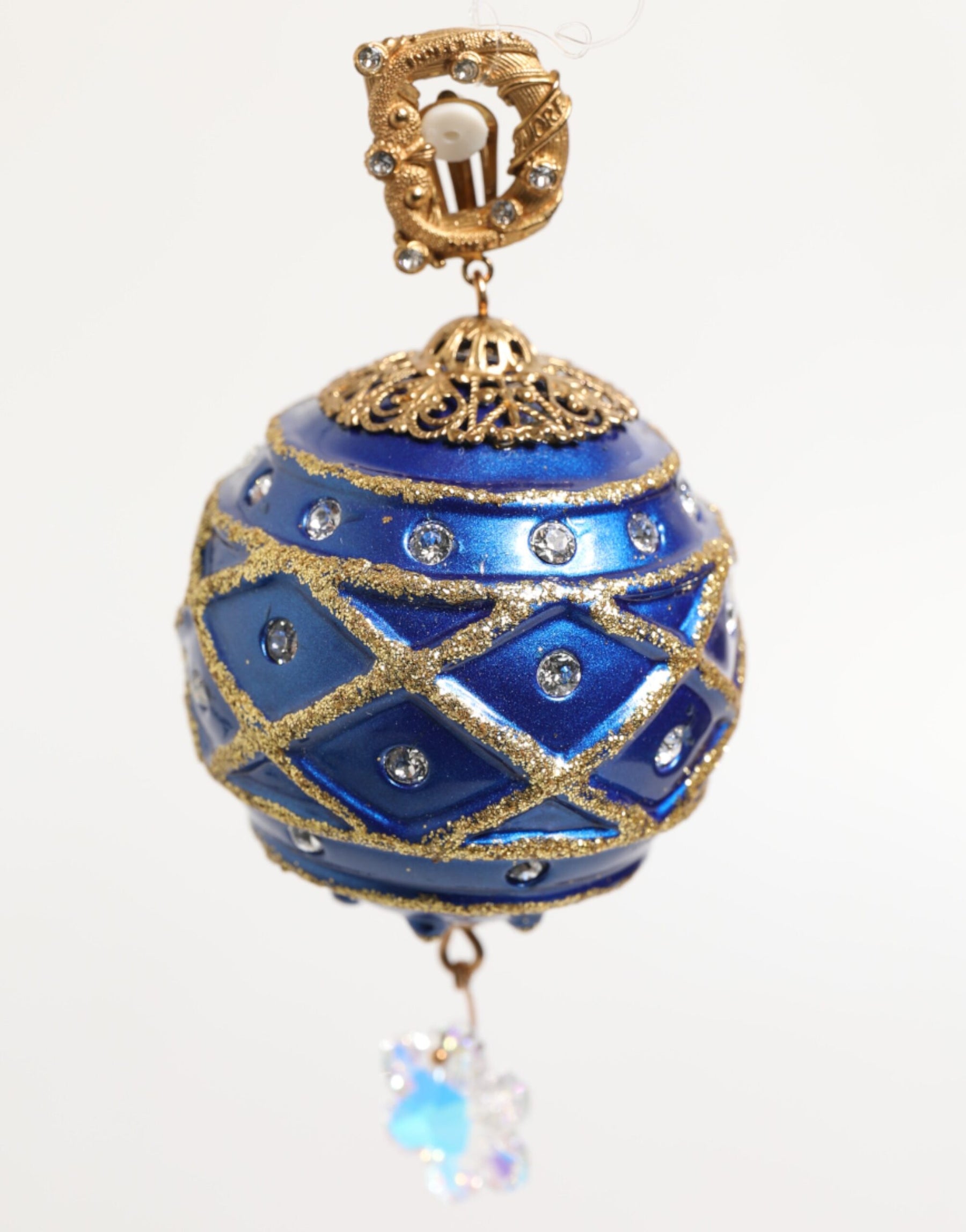 Dolce & Gabbana Gold Brass Blue Christmas Ball Crystal Drop Clip On Earrings | Regal Royce