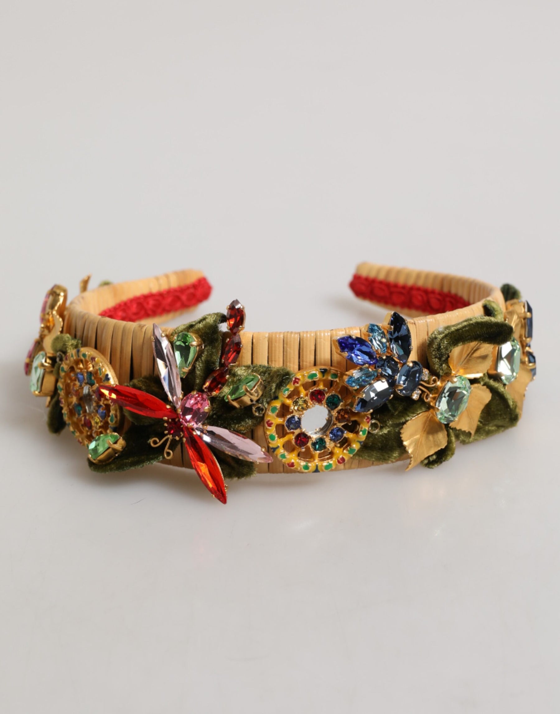 Dolce & Gabbana Multicolor Crystal Floral Gold Green Velvet Crown Headband | Regal Royce