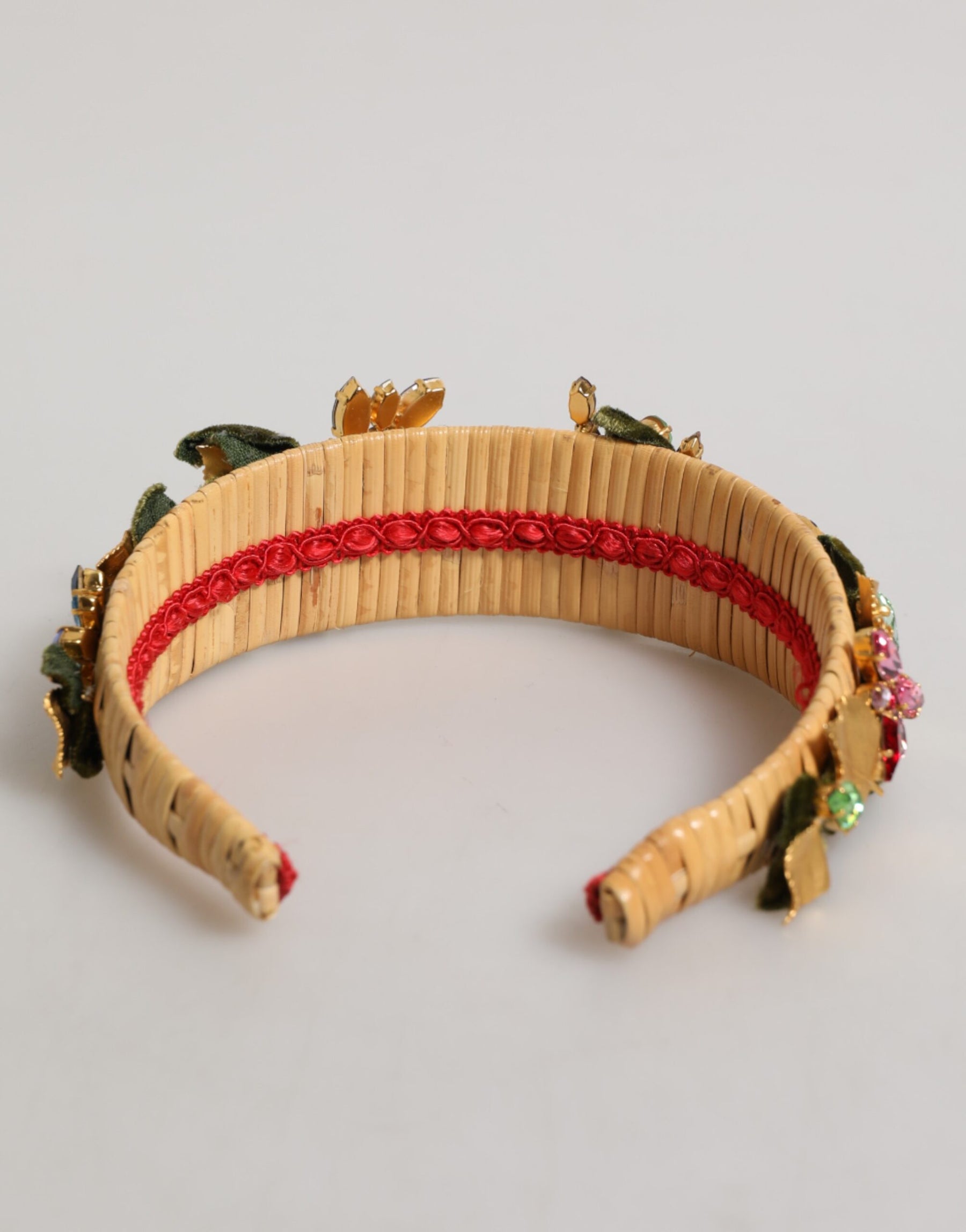 Dolce & Gabbana Multicolor Crystal Floral Gold Green Velvet Crown Headband | Regal Royce