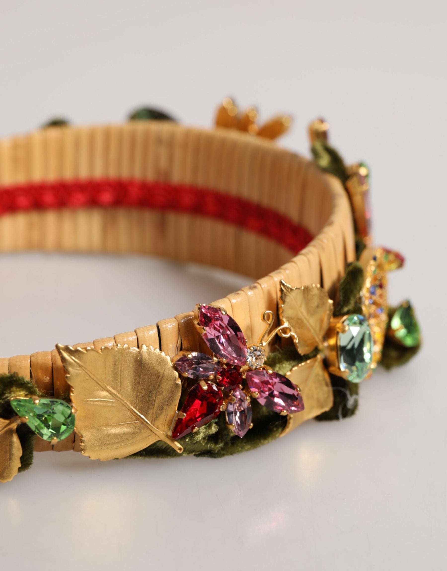 Dolce & Gabbana Multicolor Crystal Floral Gold Green Velvet Crown Headband | Regal Royce