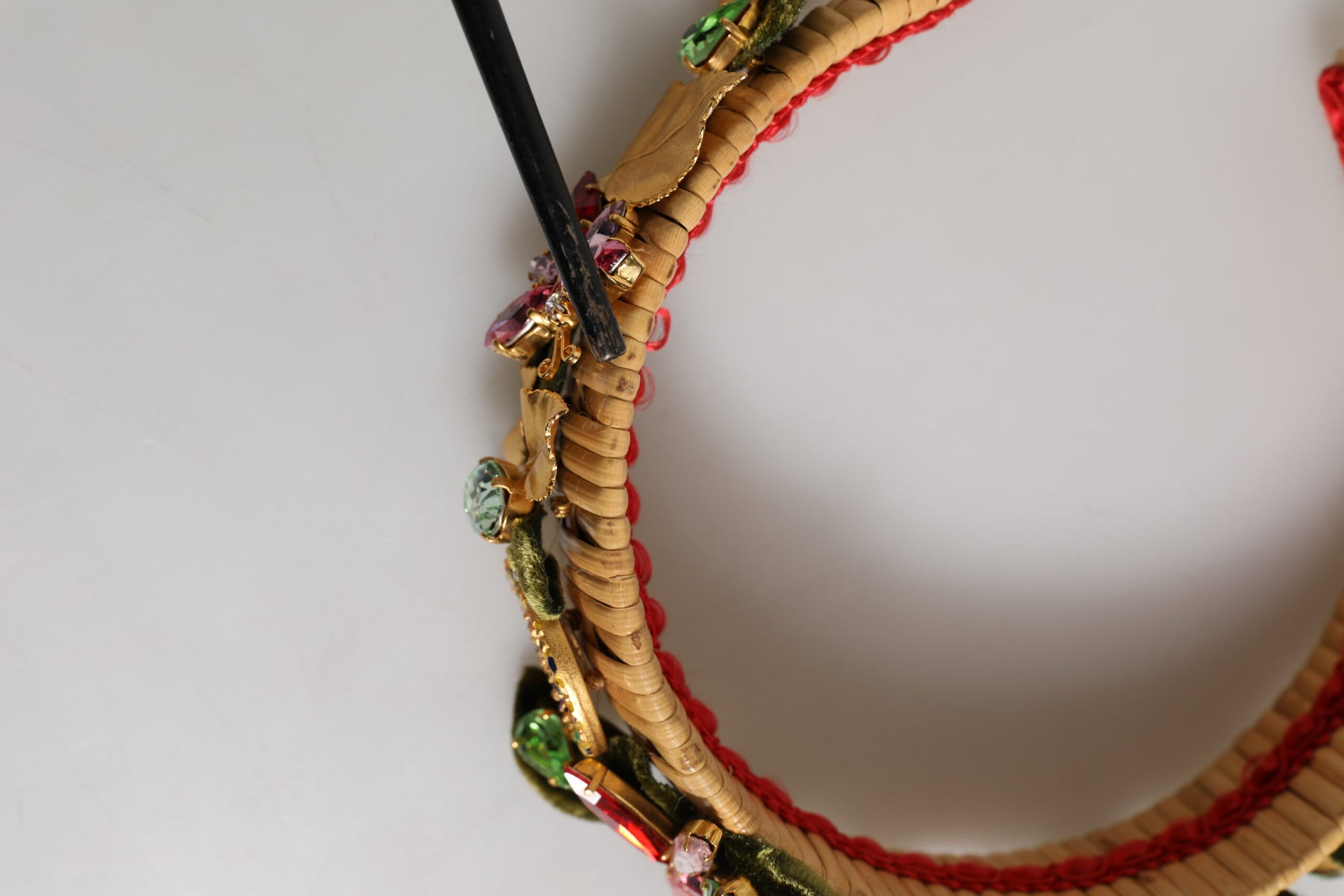 Dolce & Gabbana Multicolor Crystal Floral Gold Green Velvet Crown Headband | Regal Royce