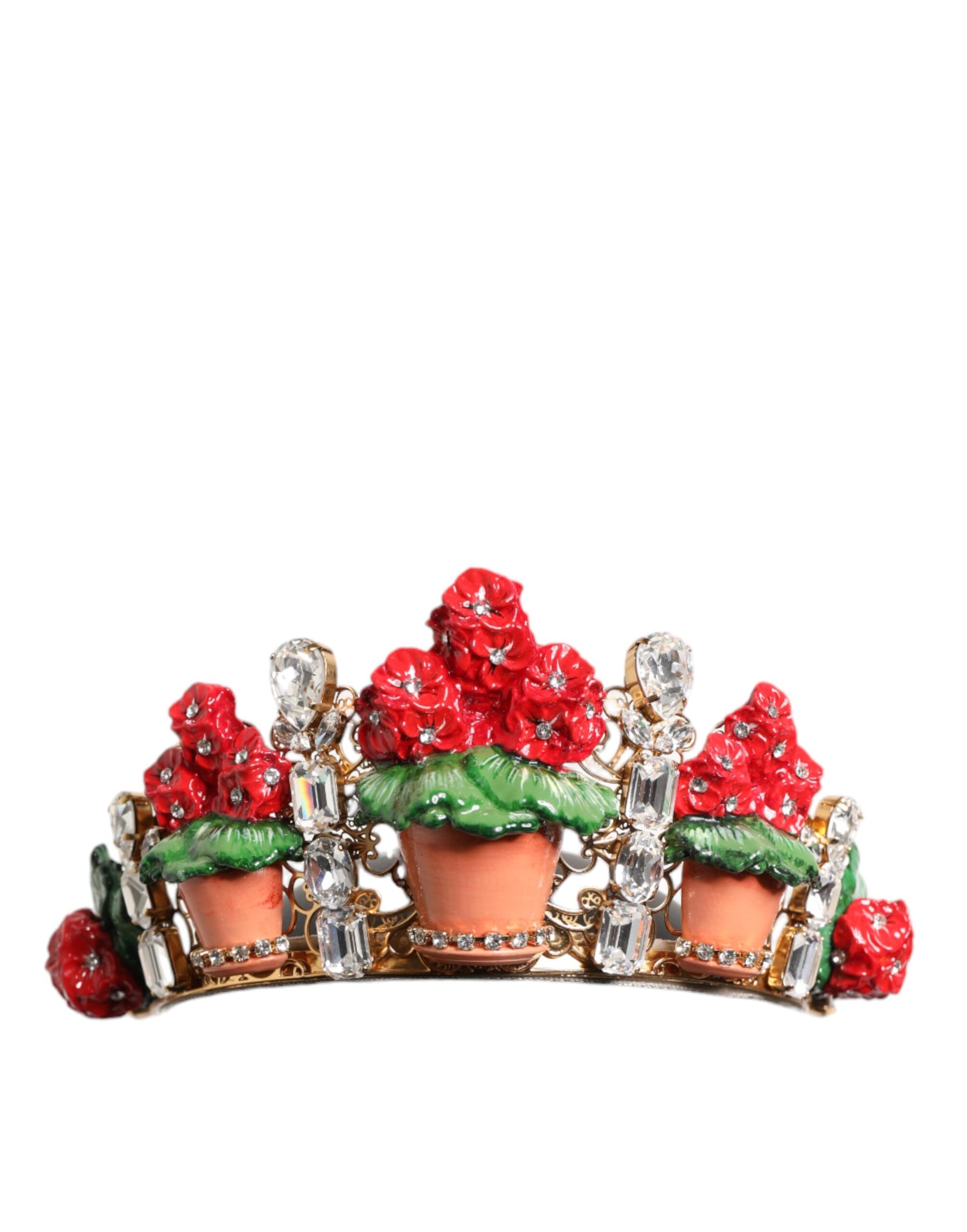 Dolce & Gabbana Red Floral Flowerpot Crystal Gold Crown Tiara Headband | Regal Royce