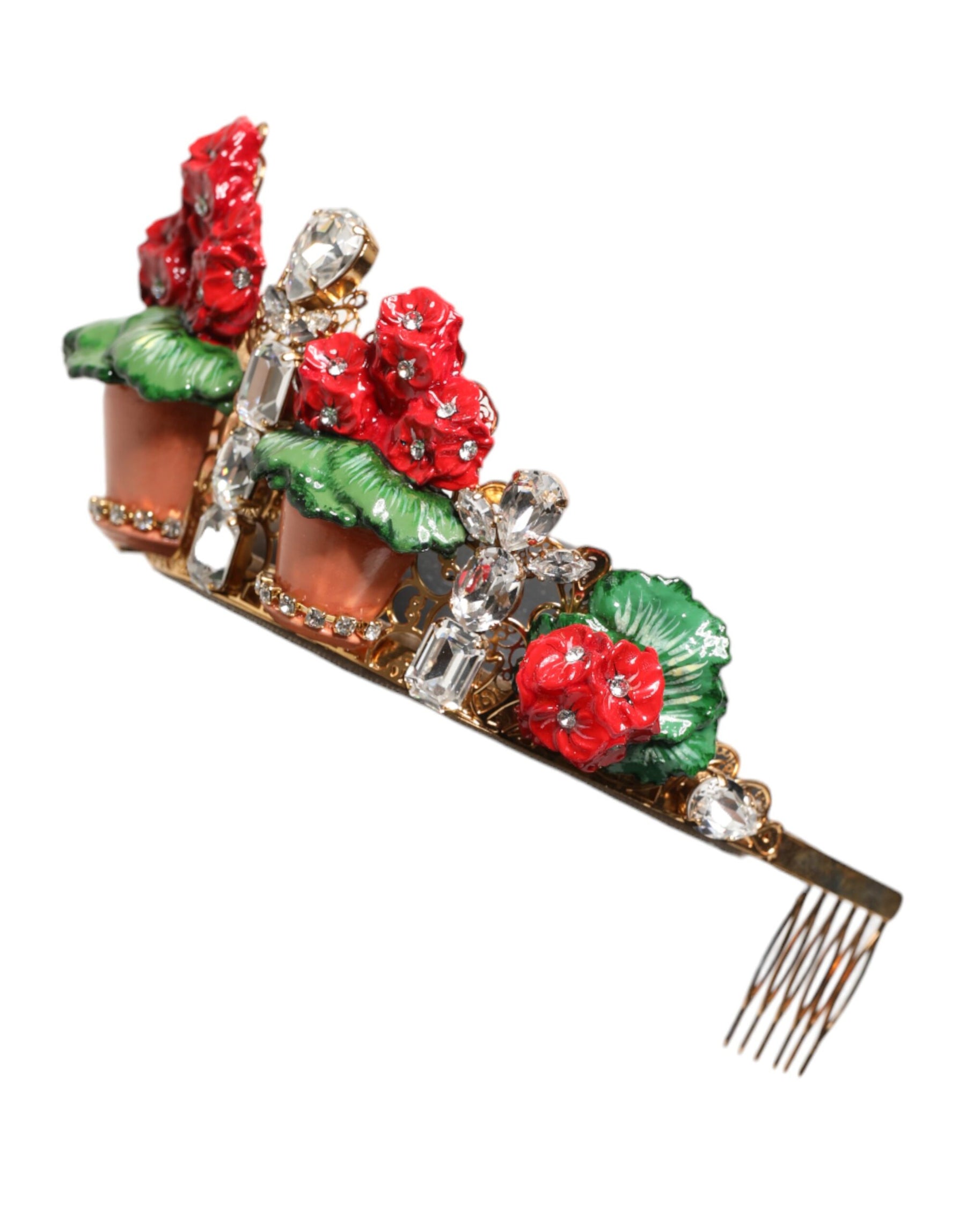 Dolce & Gabbana Red Floral Flowerpot Crystal Gold Crown Tiara Headband | Regal Royce