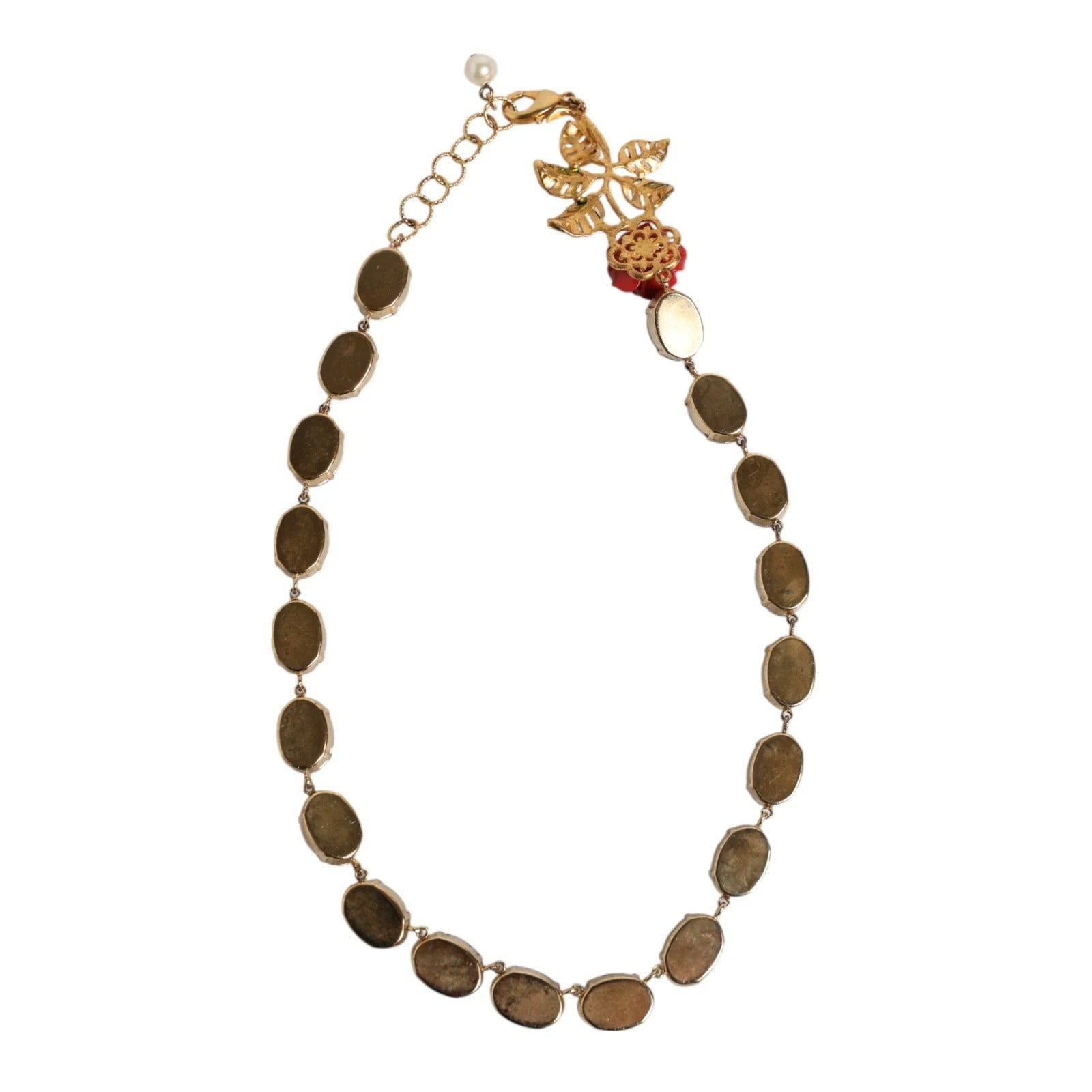 Dolce & Gabbana Red Rose Green Crystal Gold-Tone Chain Necklace | Regal Royce