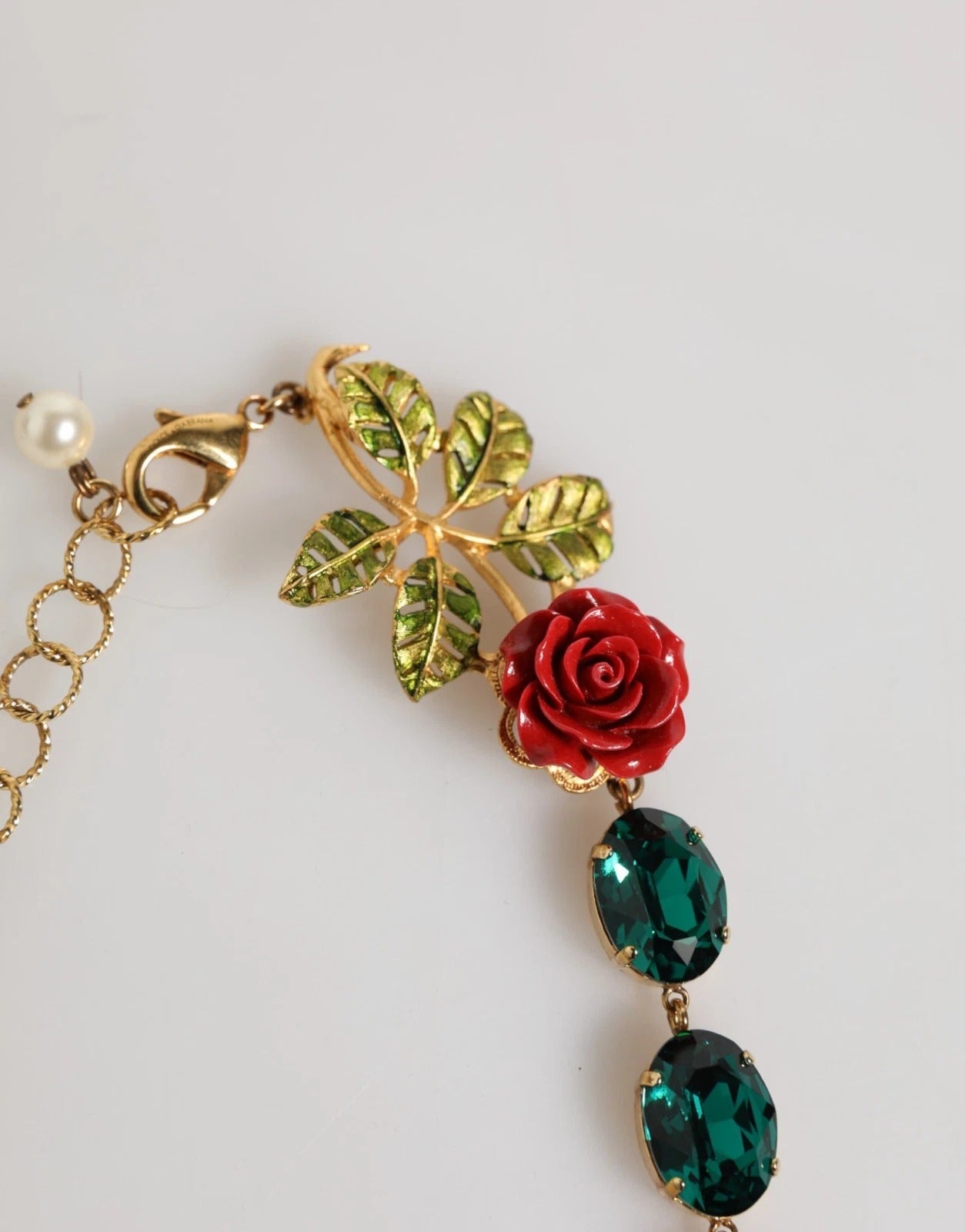 Dolce & Gabbana Red Rose Green Crystal Gold-Tone Chain Necklace | Regal Royce