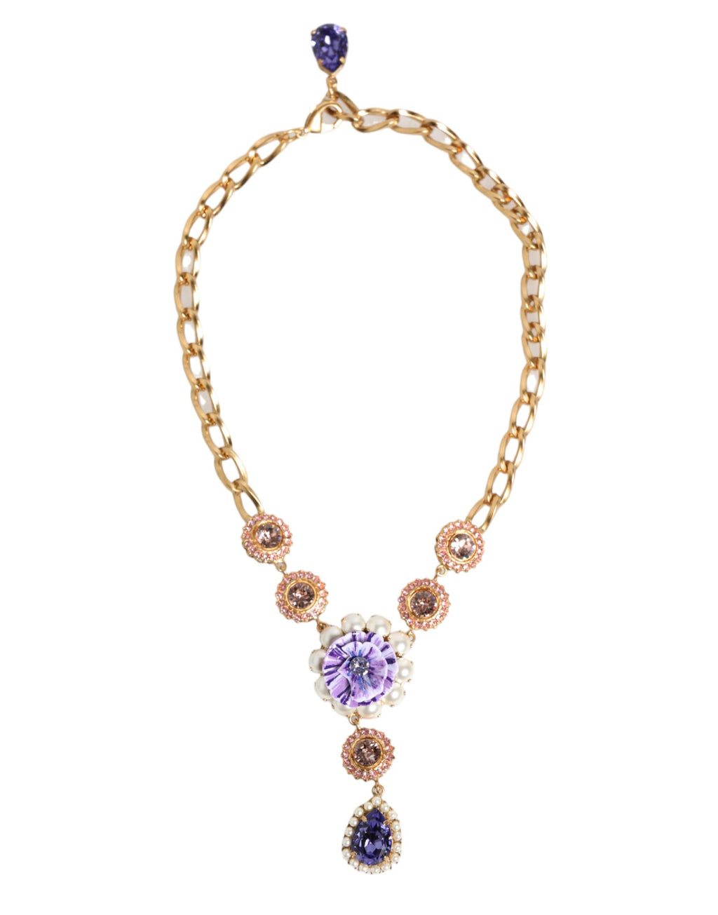 Dolce & Gabbana Gold Brass Crystal Pearl Purple Floral Pendant Jewelry Necklace
