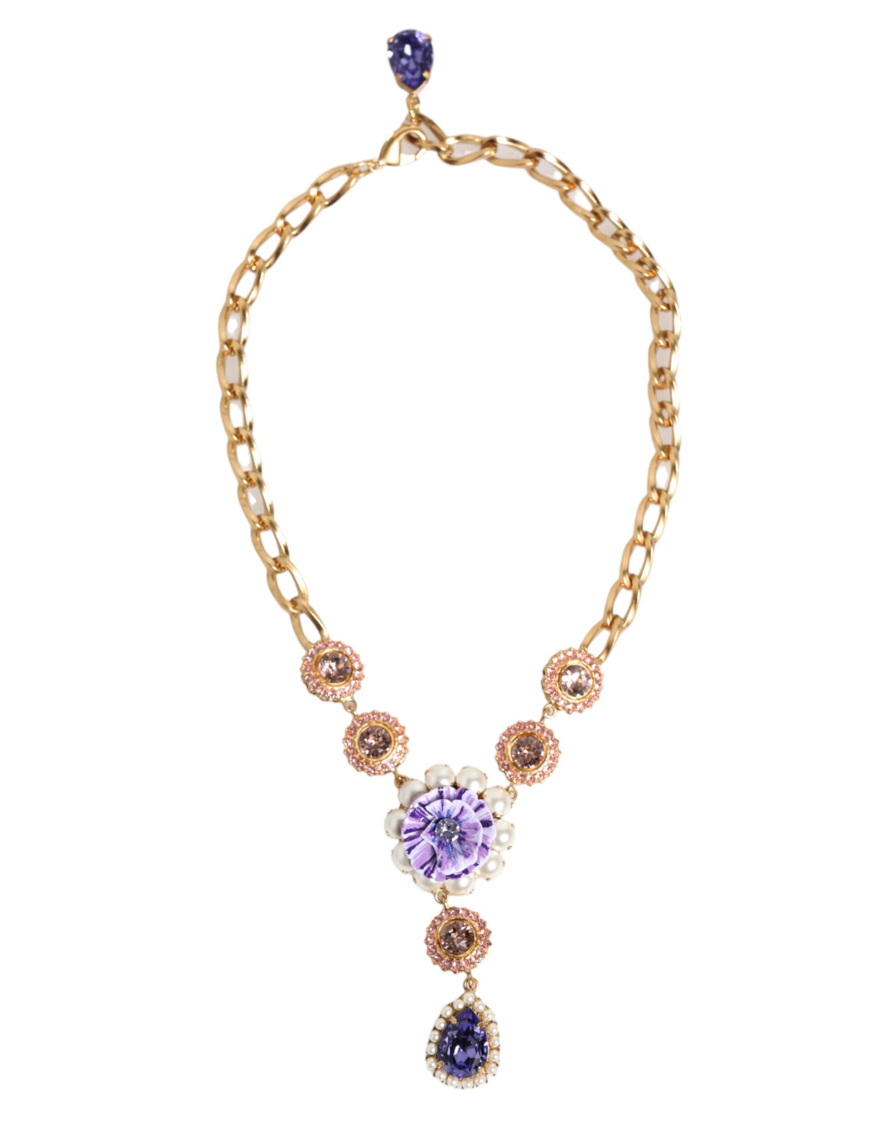 Dolce & Gabbana Gold Brass Crystal Pearl Purple Floral Pendant Jewelry Necklace | Regal Royce